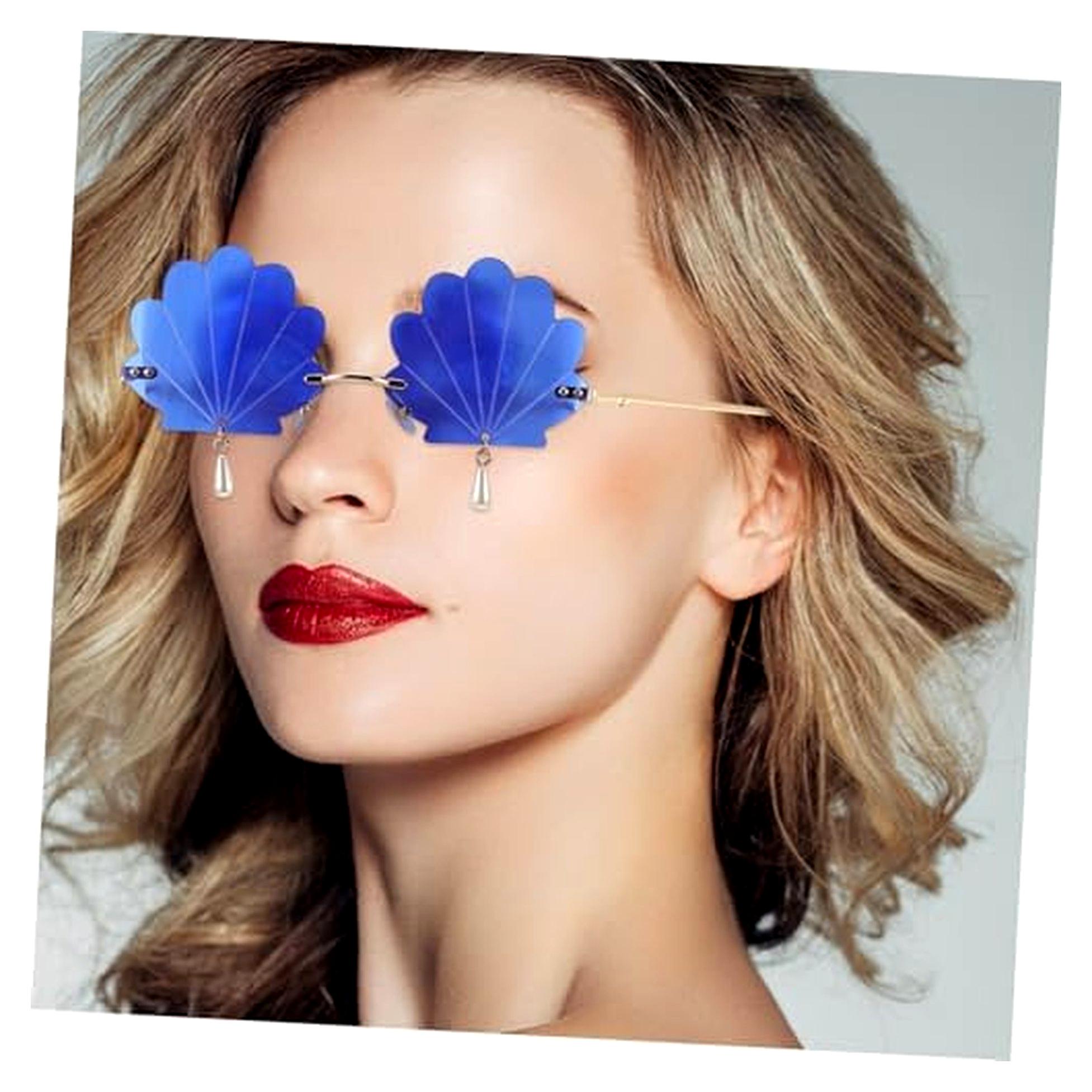 Markenlos Randlose Sonnenbrille mit Muschelanhänger – Brillenaccessoires für Festivals und Partys, UV-Schutz für Damen