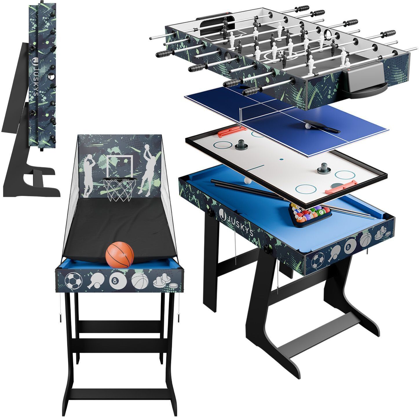 Juskys 5in1 Spieltisch Ballzauber klappbar - Tischtennis, Kicker, Billard, Hockey & Basketball 24875
