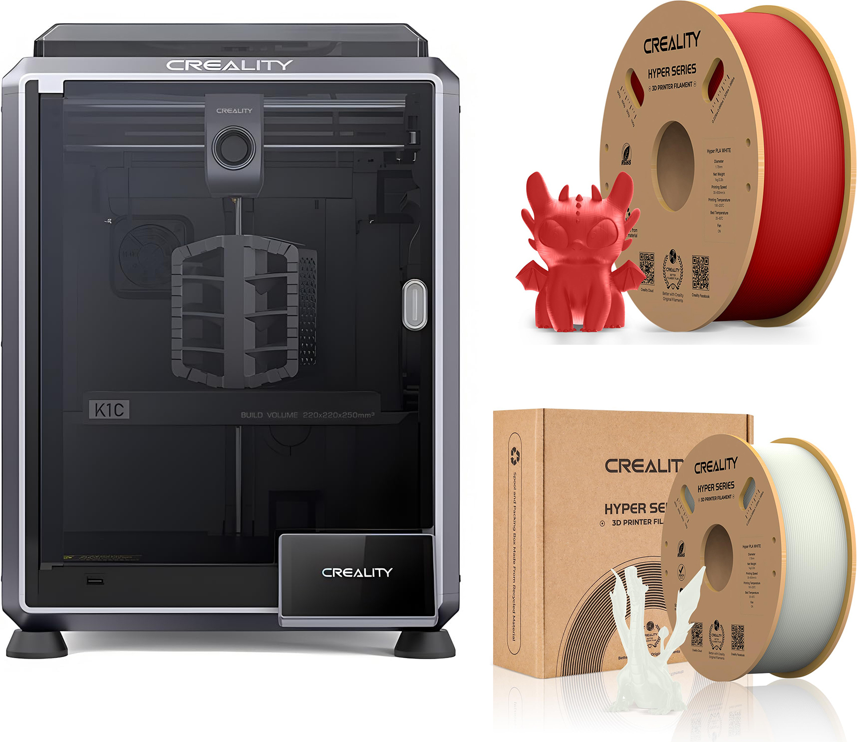 CREALITY 3D Creality K1C 3D Drucker, mit 2kg Creality Hyper PLA Filament--(Weiß+Rot)