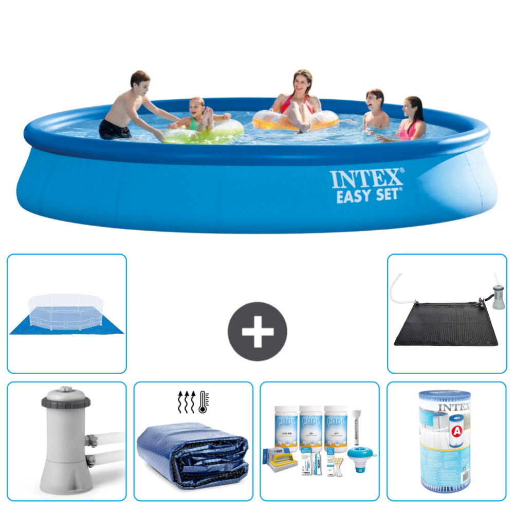 Okrúhly nafukovací bazén Intex Easy Set - 457 x 84 cm - modrý - vrátane markízy s čerpadlom - balík na údržbu - filter - podložka - solárna rohož