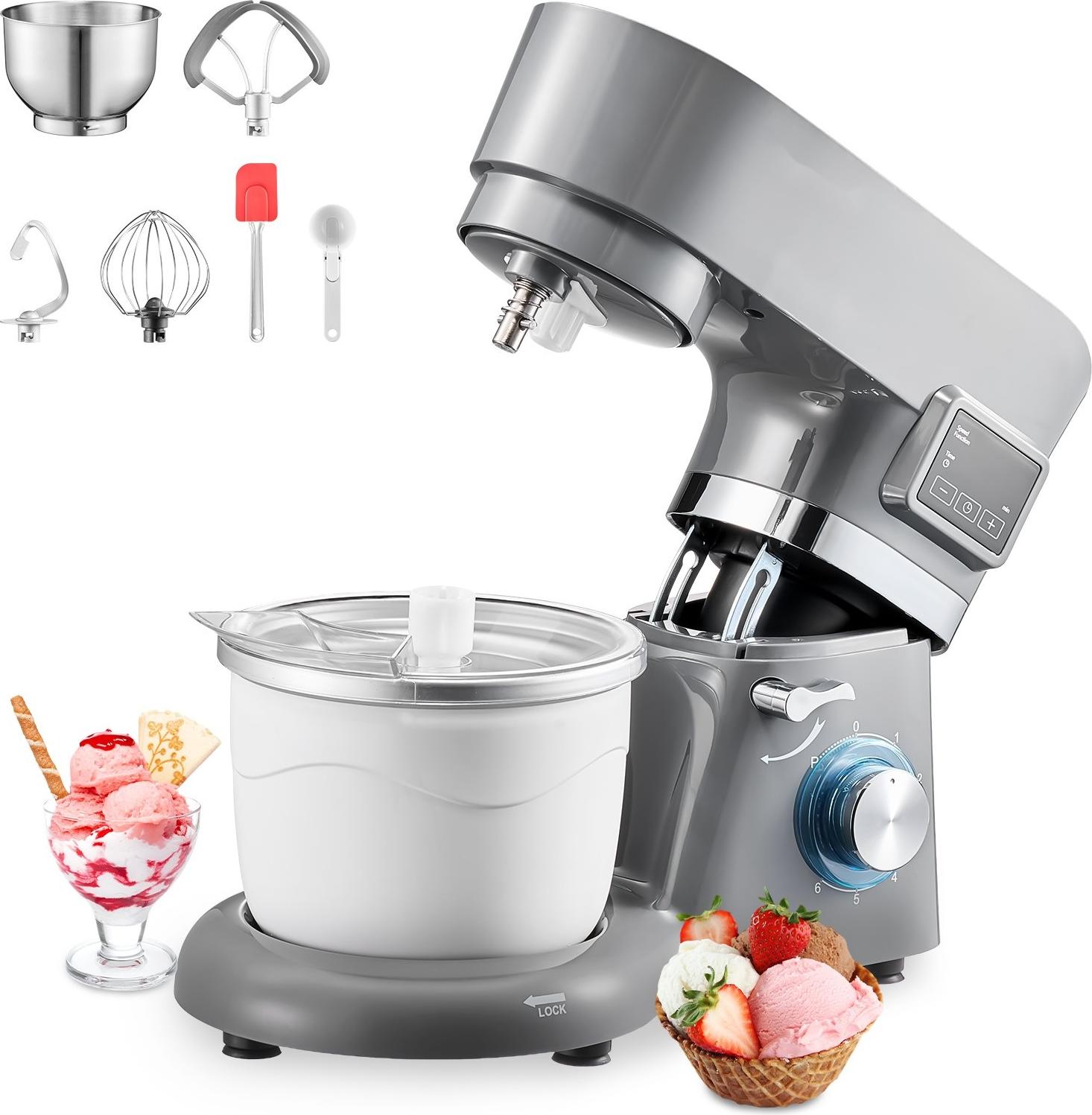 Eismaschine - Eiscrememaschine 1,7 L - LED-Display - Timer - Rührpaddel - Für Gefrorenen Joghurt, Gelato & Sorbet - 1400 W - Grau