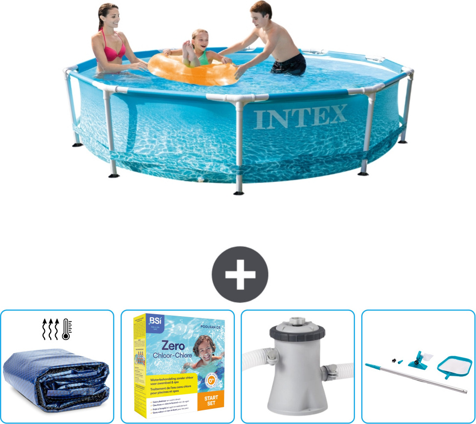 Bazén Intex s okrúhlym rámom - 305 x 76 cm - tlak vody - slnečná strieška v cene - balík na údržbu - filtračné čerpadlo pre bazén - čistiaca súprava