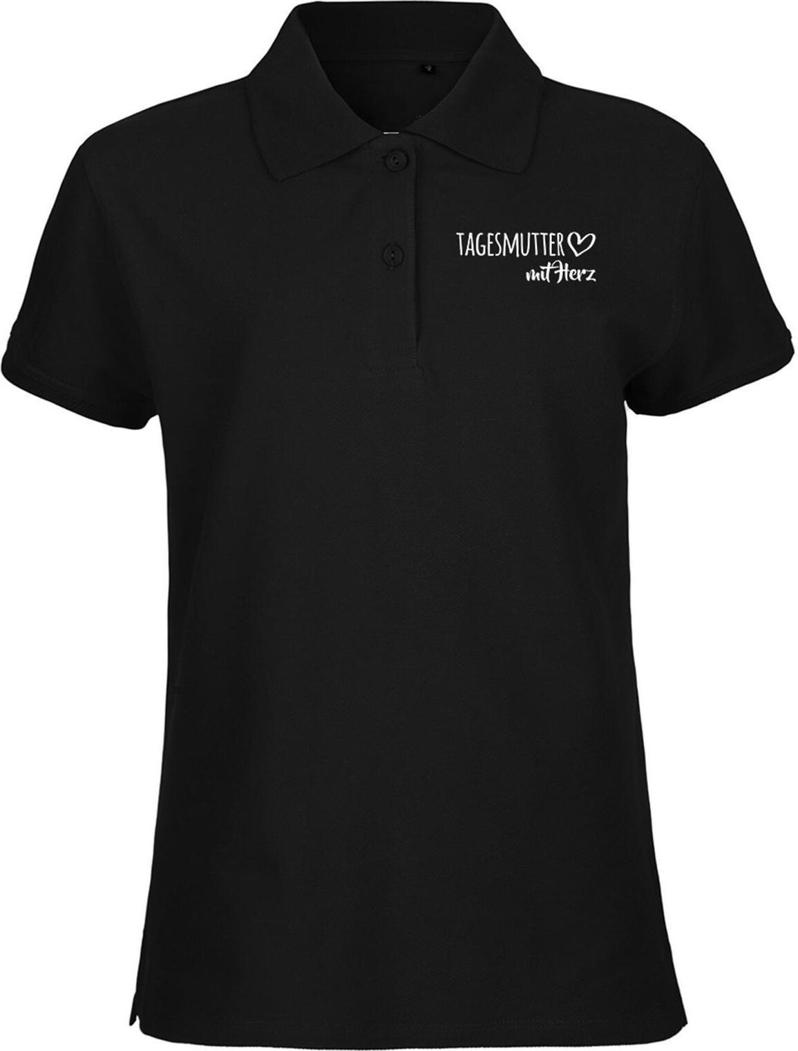 Hellweg Druckerei Huuraa Damen Polo Shirt Tagesmutter mit Herz Geschenk Oberteil Black Größe XS Bio Baumwolle Fairtrade Tagesmutter Mode 3247DP-M