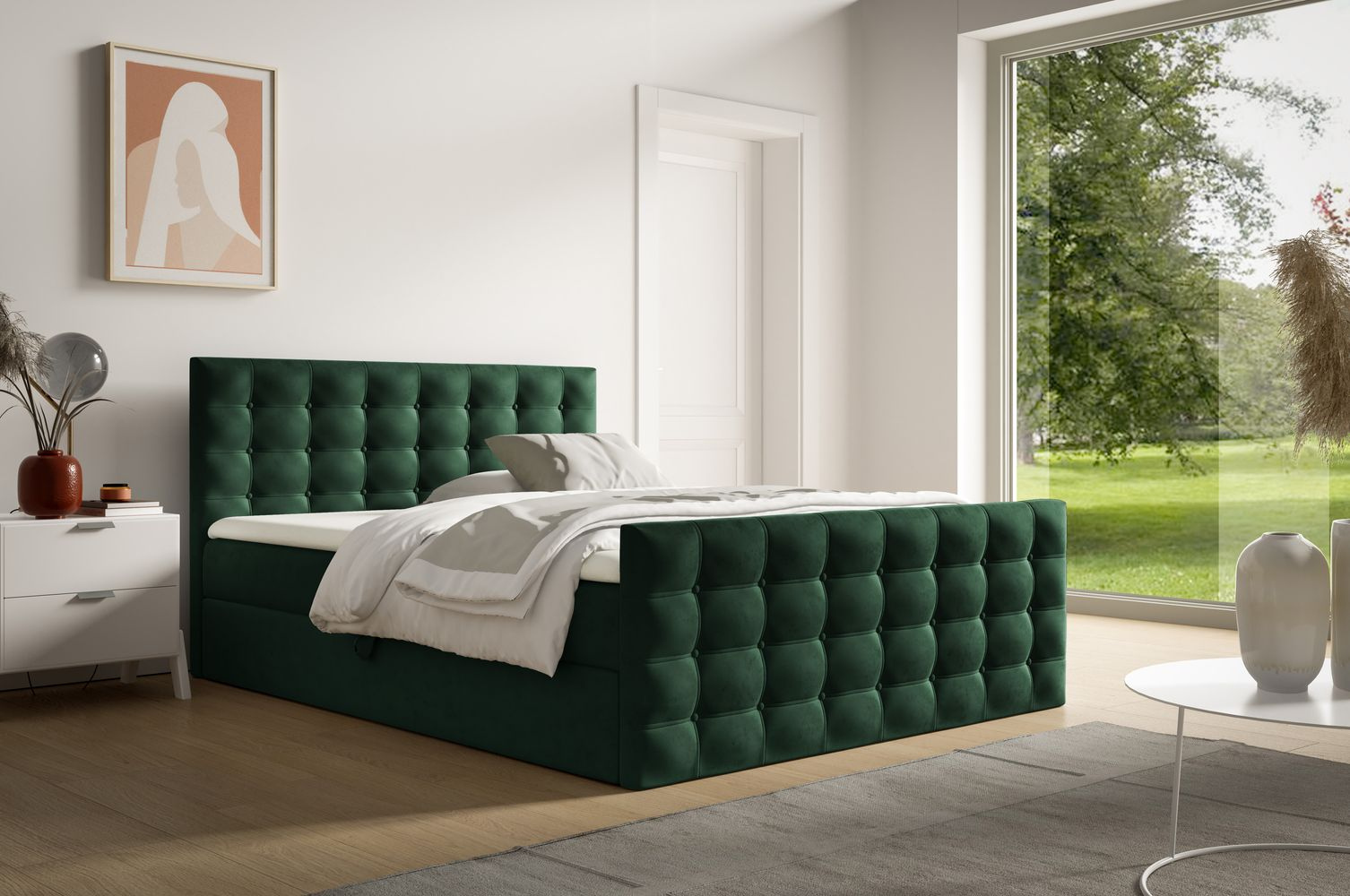 Čalúnená posteľ 140x200 ELPIDA - fľaškovo zelená + topper ZDARMA