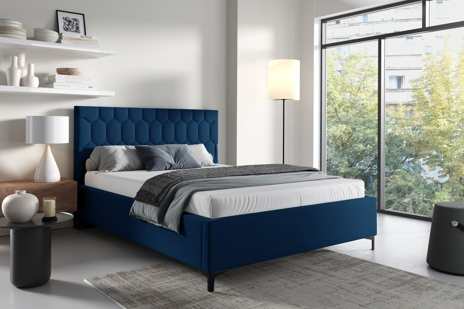 Čalúnená posteľ 120x200 ODETA 7 - tmavo modrá