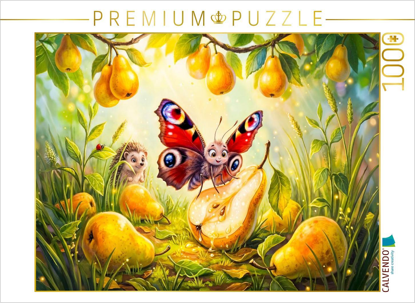 CALVENDO Puzzle Schmetterling trinkt Birnensaft neben Igel | 1000 Teile Lege-Größe 64 × 48 cm Foto-Puzzle für glückliche Stunden