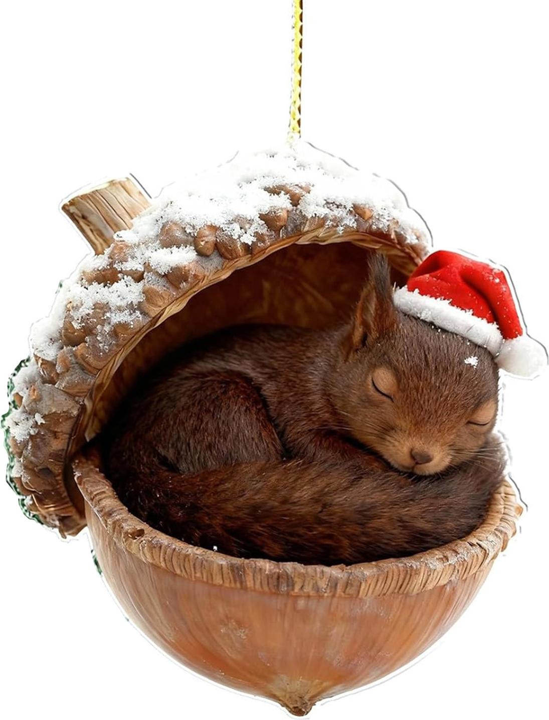 Bremen 2D-Waldtier-Eichel-Ornamente, gemütliches Waldtier im Schnee, frostige Tannenzapfen-Ornamente, Waldtier-Acryl-Hängeornamente für Tierliebhaber 4633235
