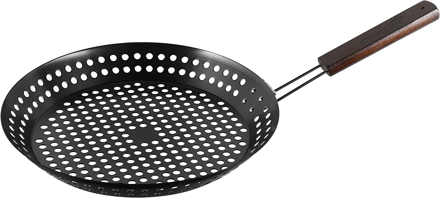 well2wellness Mustang Grillpfanne Ø 30,5 cm mit klappbarem Holzgriff, Gemüsepfanne, 725