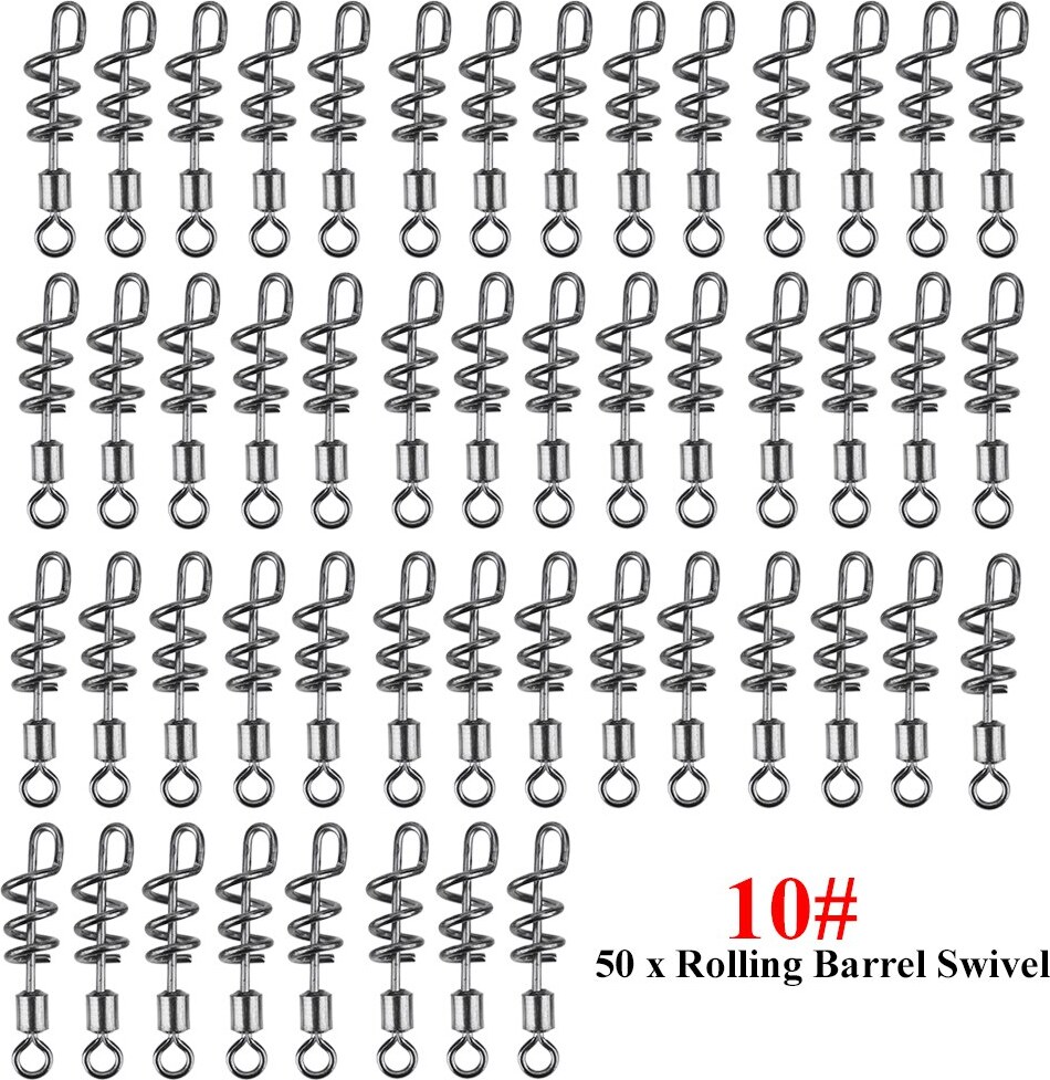 Gistuch 50pcs Edelstahl -Rollfass -Schwebungen mit verschraubten Schnappfischereiungshakenanschluss (10#)