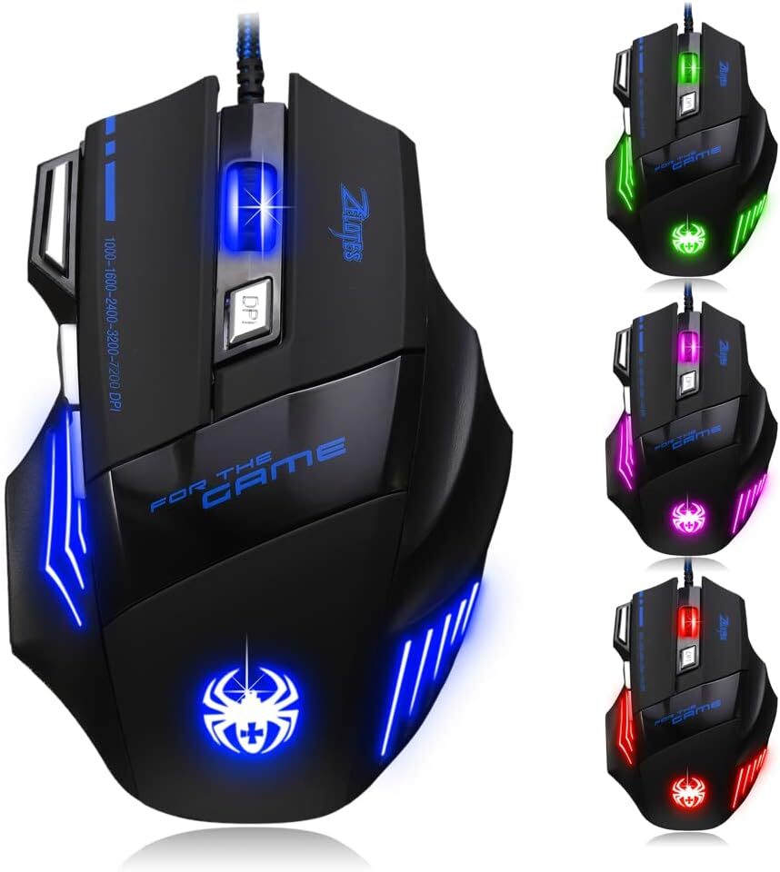 Zelotes Gaming Maus,7200DPI PC Gamer Maus,USB LED Maus Verdrahtete,7 Tasten Ergonomische Maus mit Kabel,Computer Maus Mouse für PC, Mac