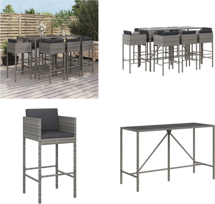 vidaXL 9 tlg. Gartenbar Set mit Kissen Grau Poly Rattan - Gartenbar Set - Gartenbar Sets - Garten Bar Set - Gartenbar