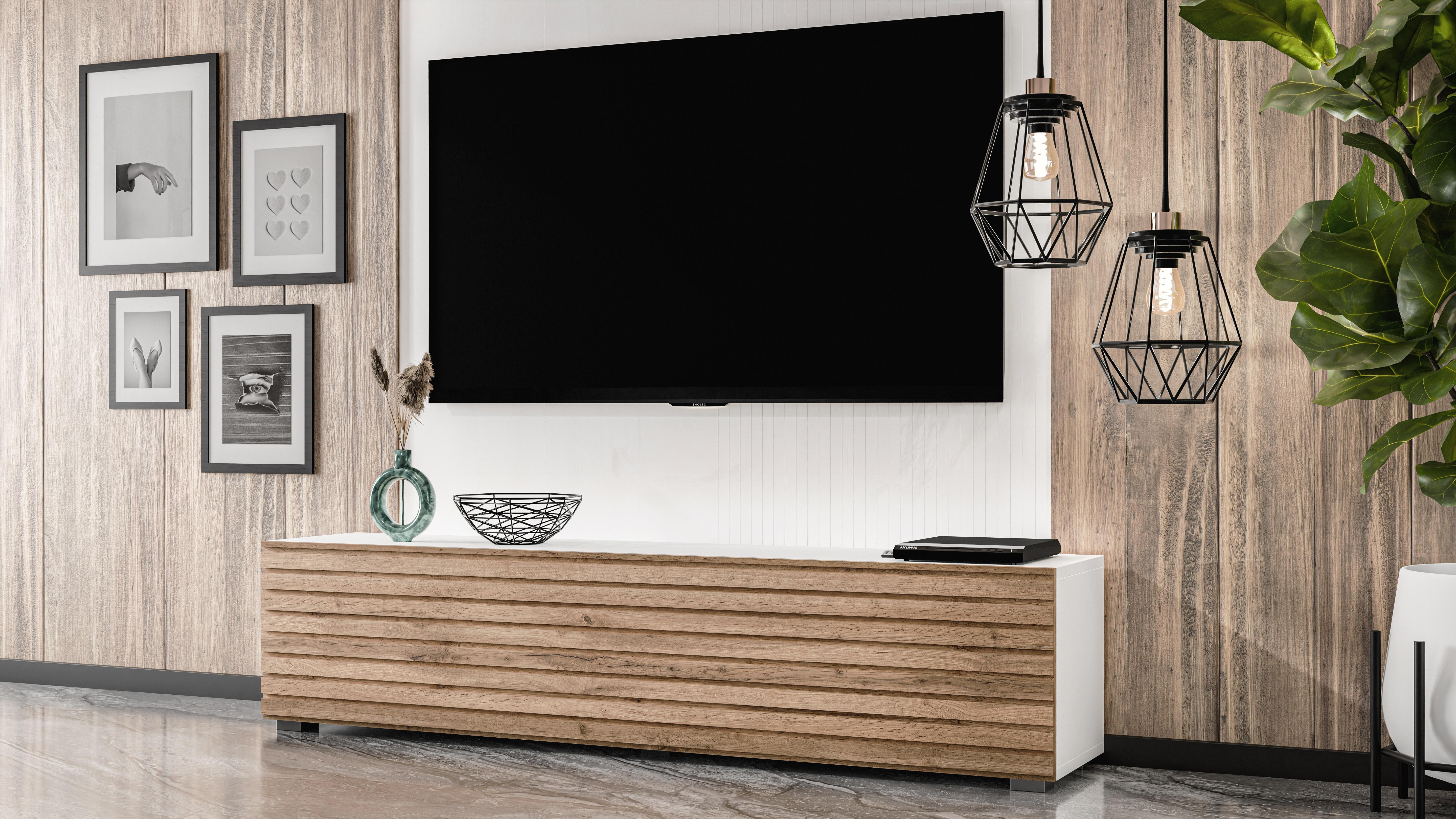 AX LIVING Zivolli TV-Board 160 cm Weiß mit Wotan Lamellenfront N1000