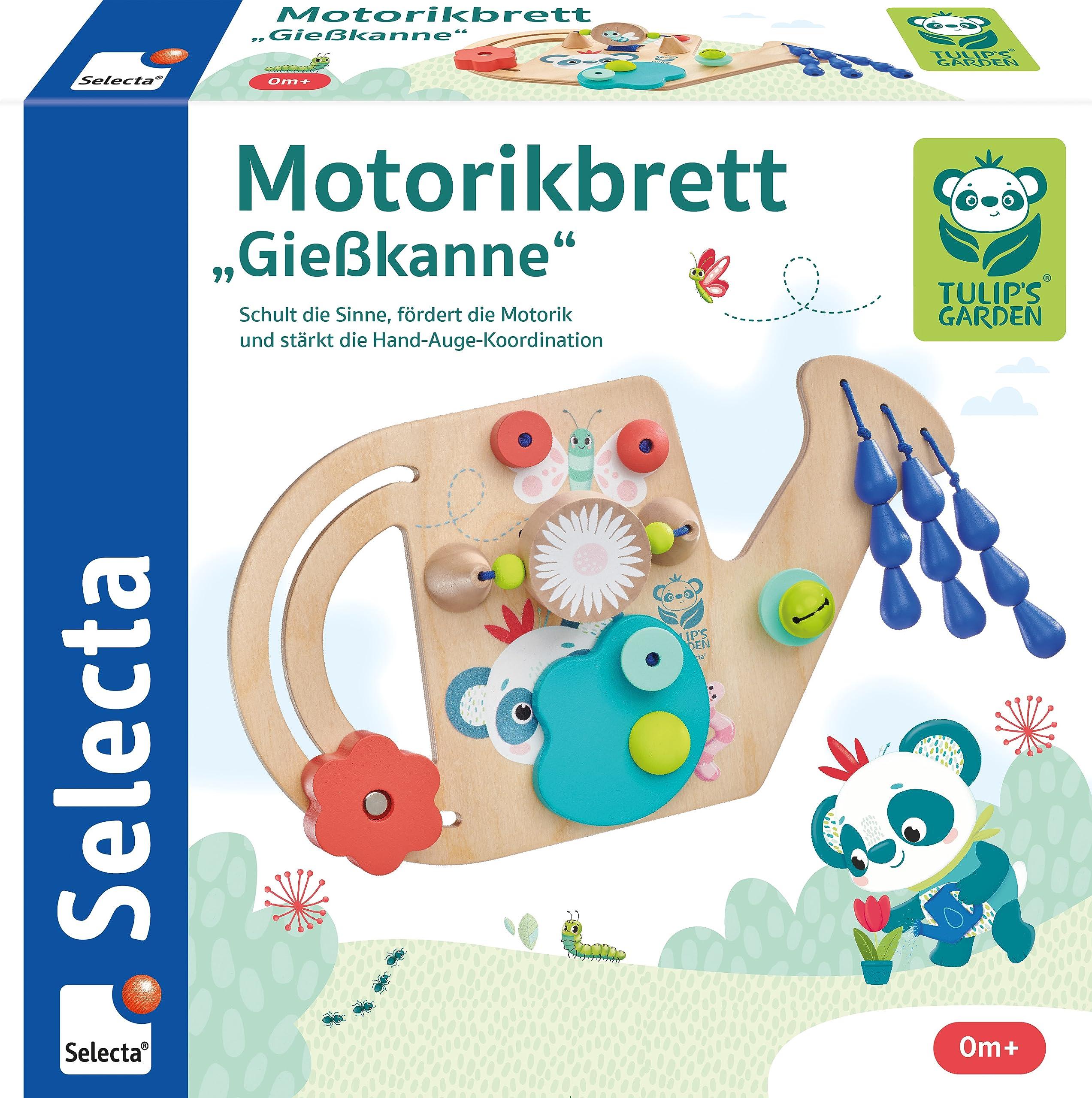 Selecta 61075 Tulips Garden, Motorikbrett Gießkanne, 25 cm, Motorikspielzeug aus Holz