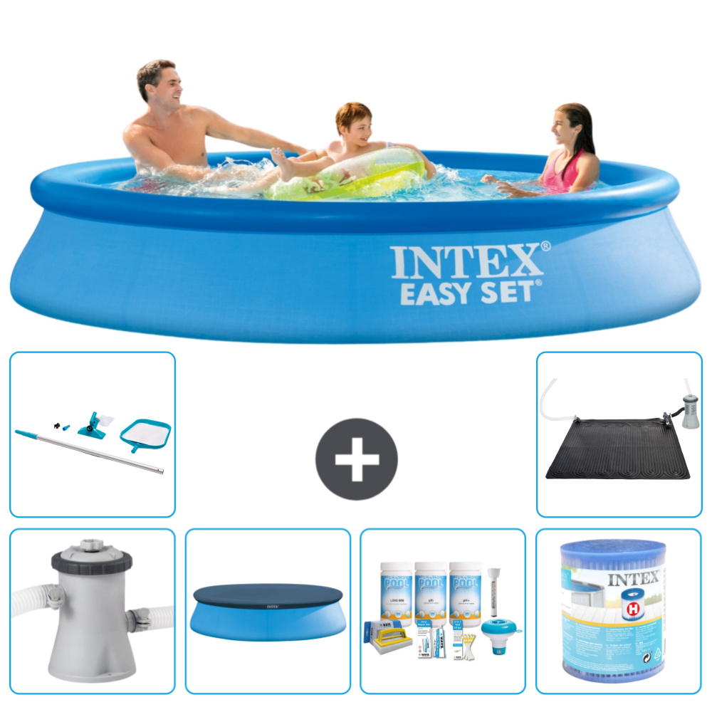 Intex okrúhly nafukovací bazén Easy Set - 305 x 61 cm - modrý - vrátane krytu čerpadla - balík na údržbu - filter - čistiaca súprava - solárna podložka