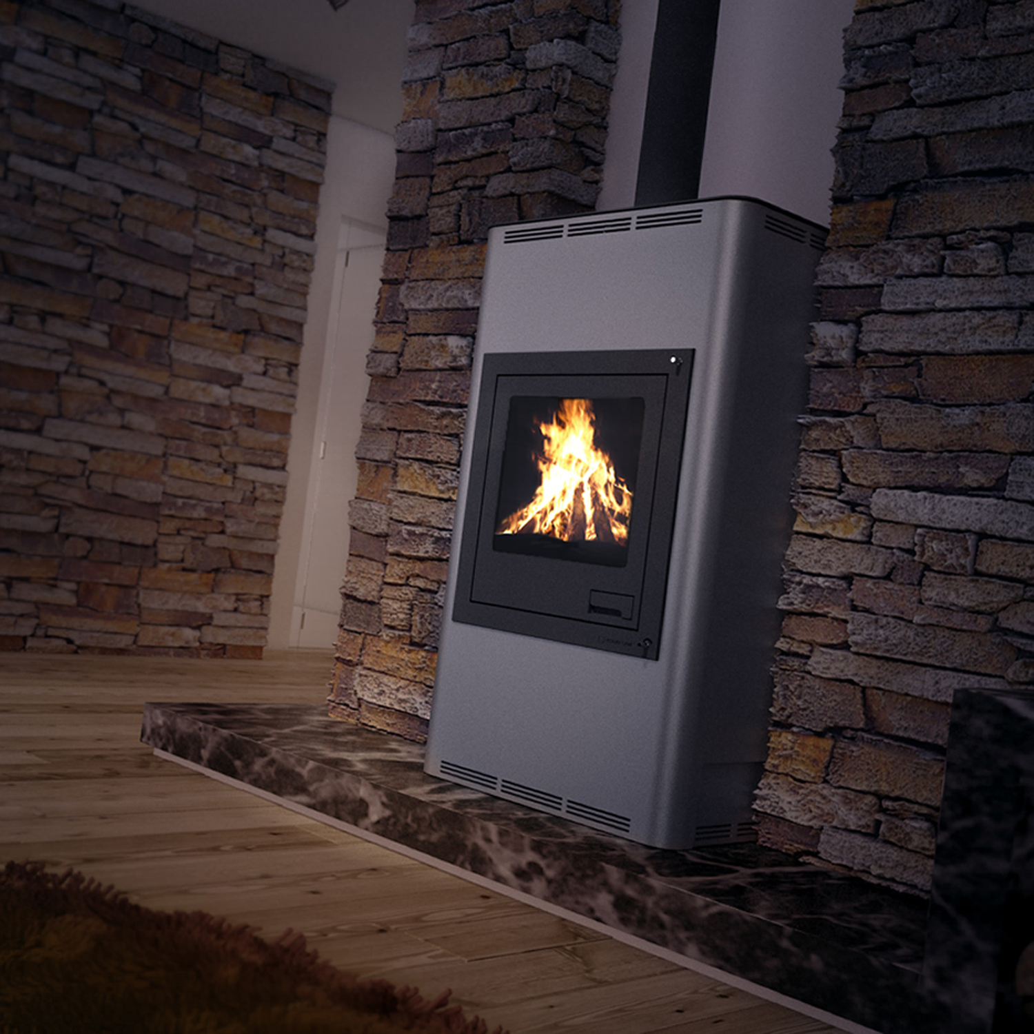 HS FLAMINGO krbové kachle AQUAFLAM 17 s výmenníkom tepla automatická regulácia sivá