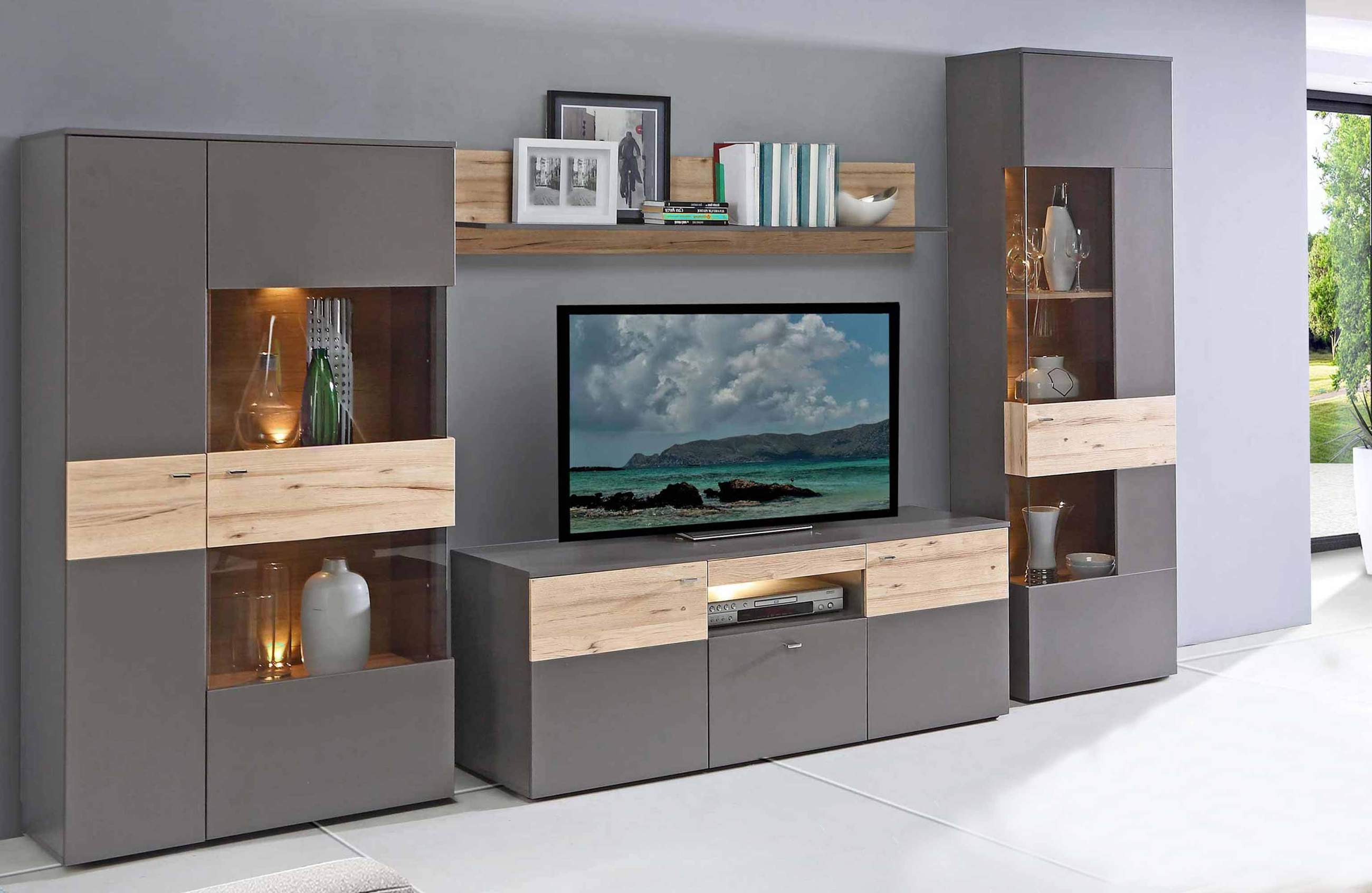 Forte Wohnwand COMO rechts Optik: Grau / Planked Eiche mit LED Beleuchtung WohnwandComorechts