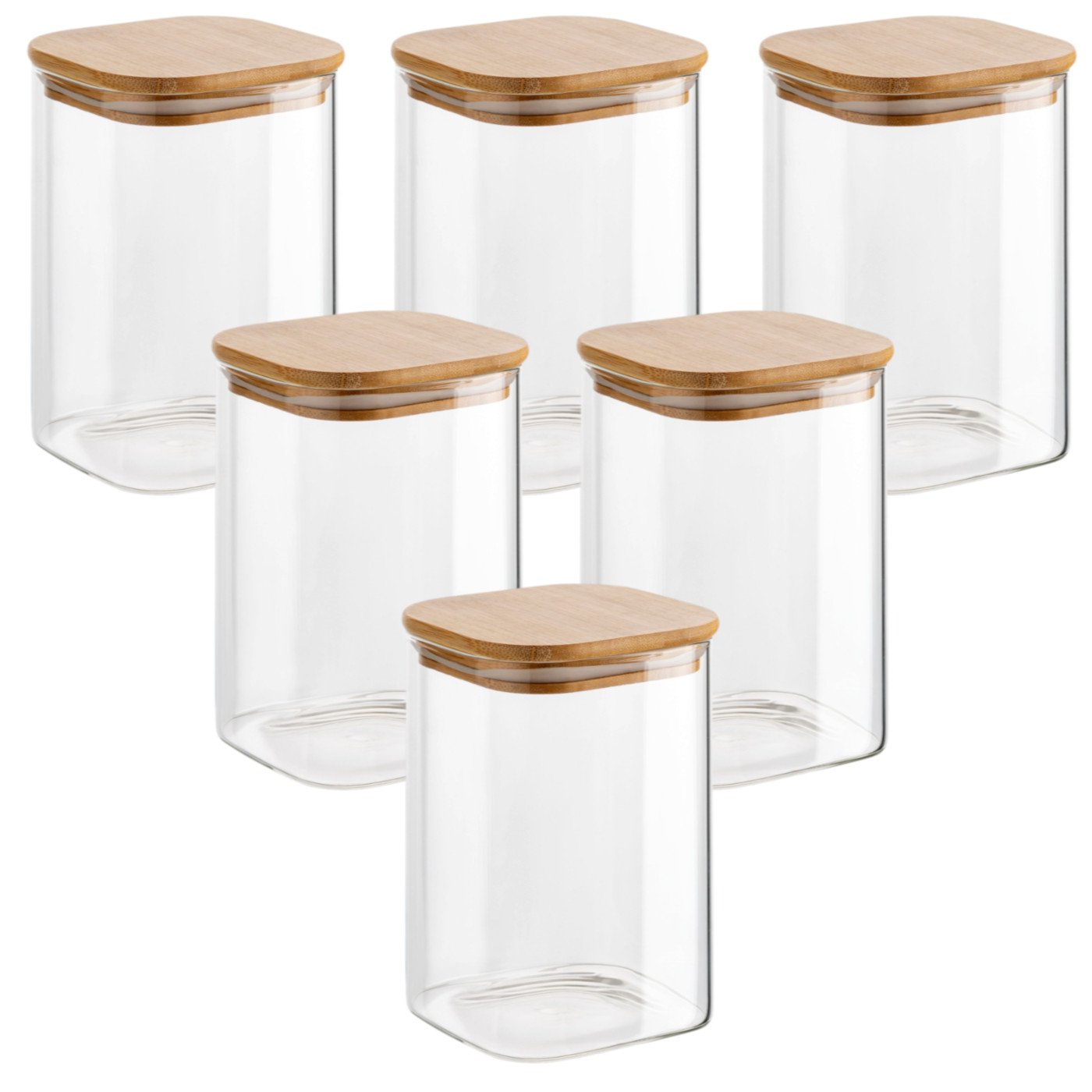 gouveo 6er Set Vorratsgläser 500 ml aus Borosilikatglas eckig mit Holz-Deckel - Leichtes Aufbewahrungsglas 0,5 l für Snacks, Backzutaten, Kräuter