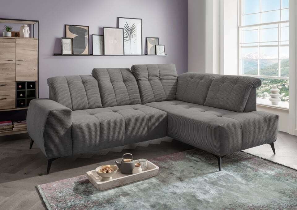 Ecksofa Sano von Benformato – Breitcord-Sofa mit Elektrofunktion und verstellbaren Kopflehnen - Ausrichtung: Vorstehend rechts, Farbe: Grau