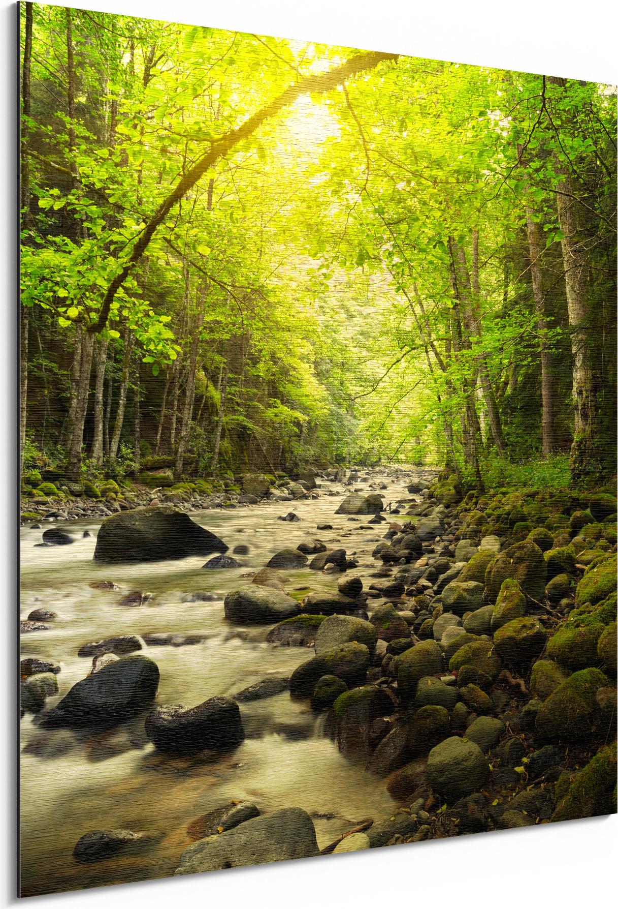 DEQORI Alu-Dibond Bild Gold 50x50 cm 'Steiniges Flussbett' Wandbild Metall dünn Design AD-50-50-G-1306-UV