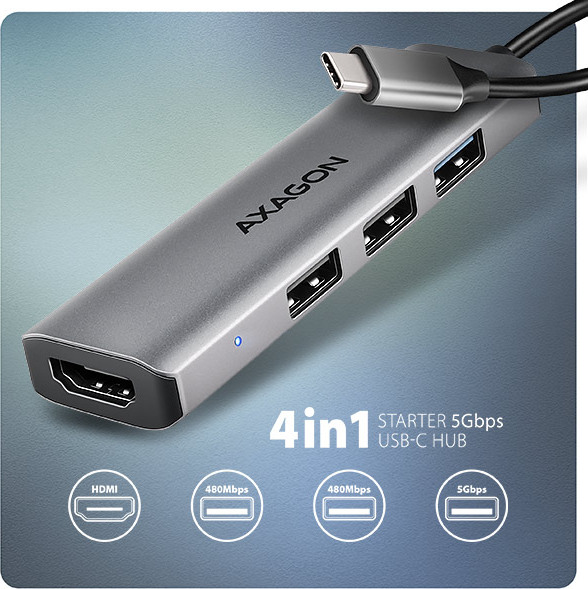 Rozbočovač AXAGON Axagon HMC-H3A USB-C 5Gbps STARTER 4v1