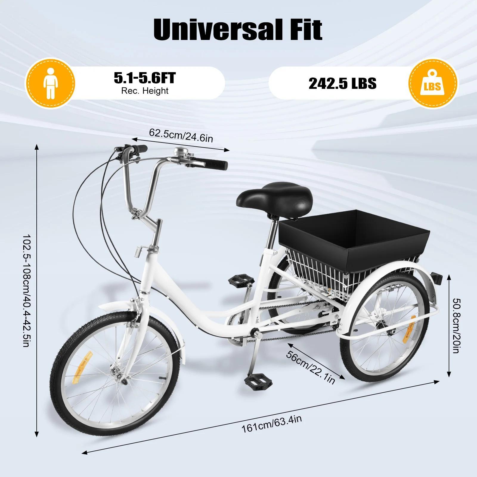 Dreirad für Erwachsene - 3-rädriges Fahrrad - 50,8 cm Räder - 8 Gänge - Mit Licht - Großer Gepäckkorb - Beige