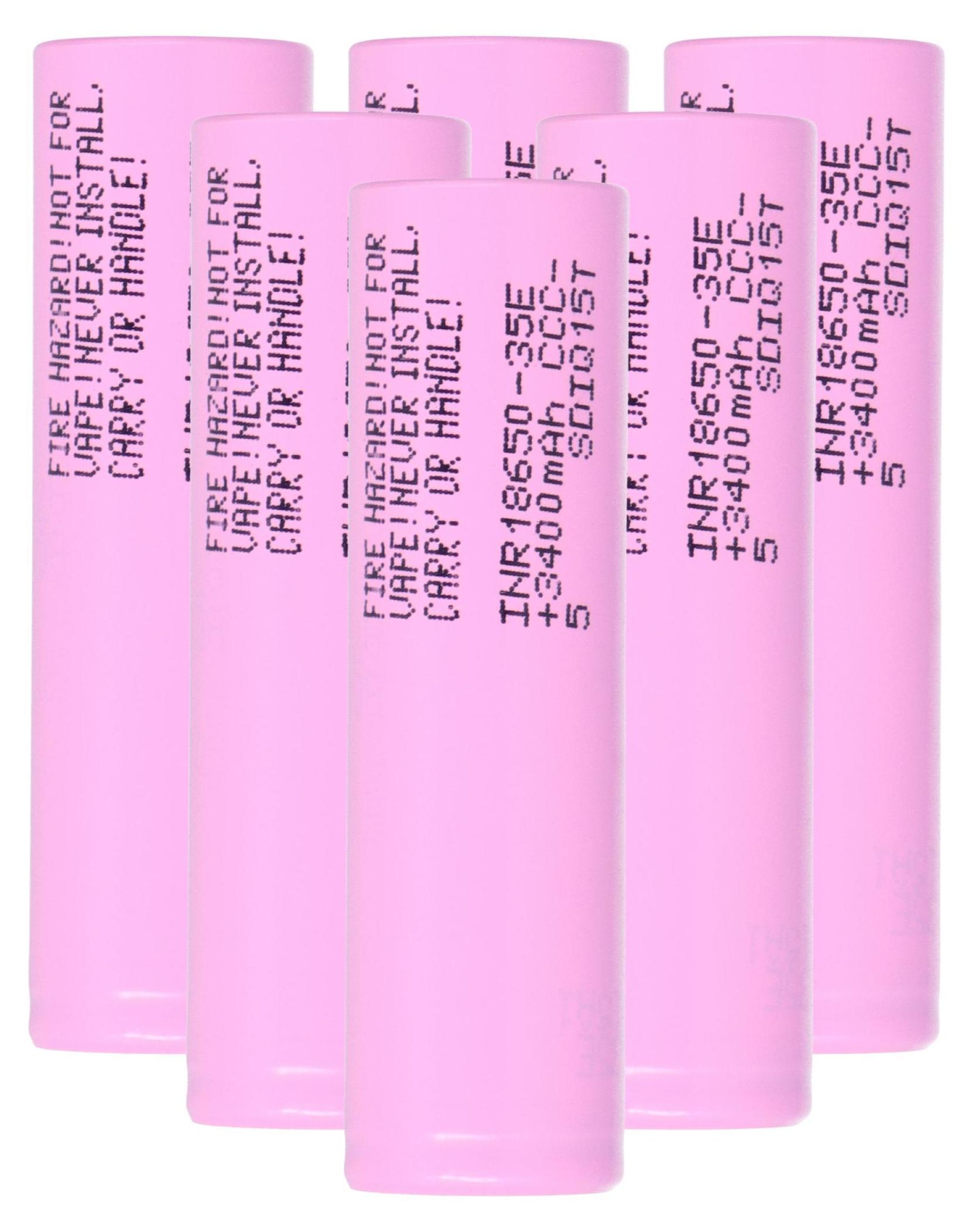 6er-Set 18650 Akku: Samsung INR18650-35E oder BAK A02 | 3350mAh | 3,7V | Warnhinweis: Nicht für E-Zigaretten und Lampen NICHT für eZigaretten, Taschenlampen, Kameras usw.!!!