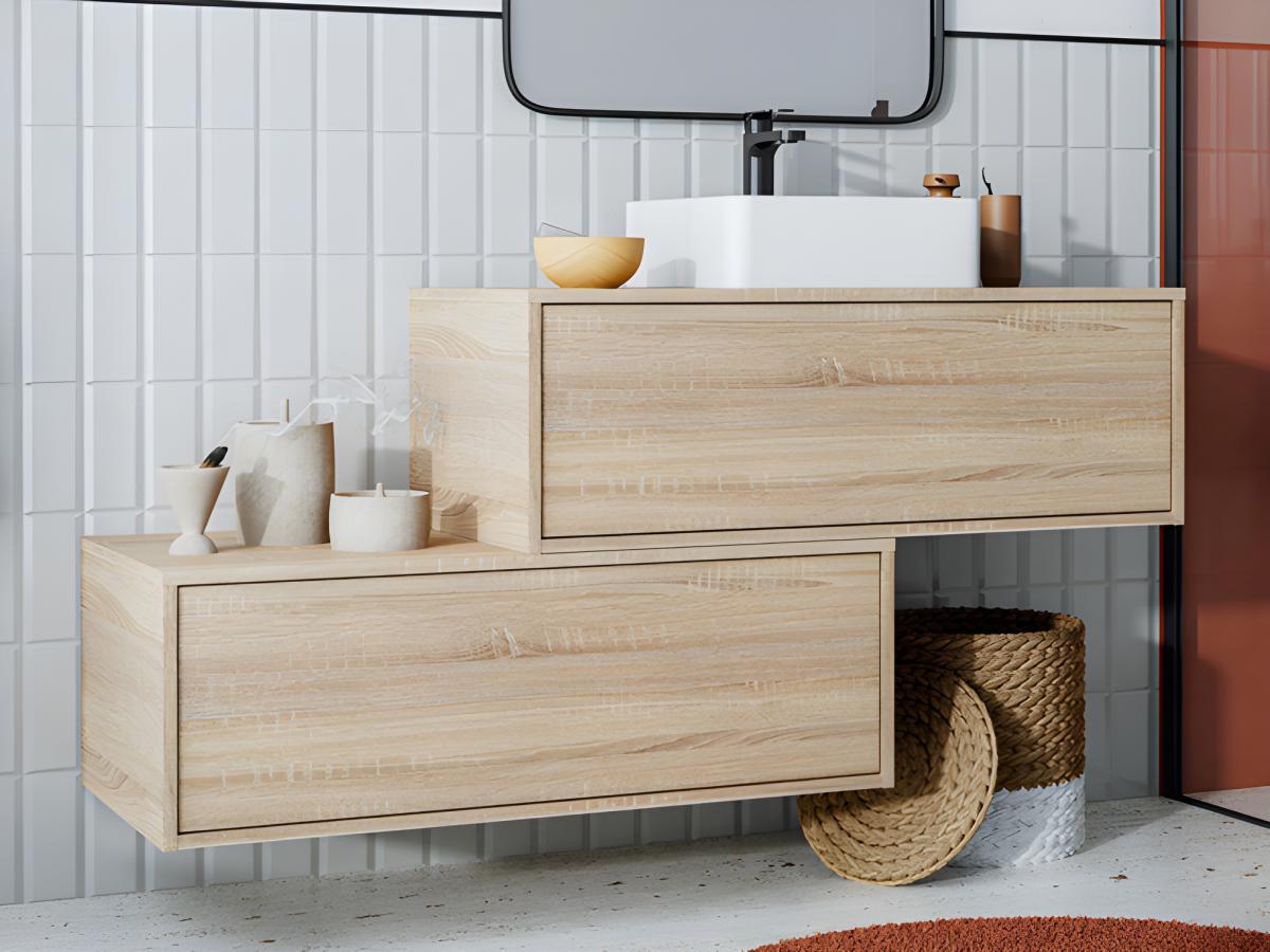 Vente-unique Heller naturfarbener Wandbadezimmerschrank mit Einzelwaschtisch und zwei Schubladen - TEANA