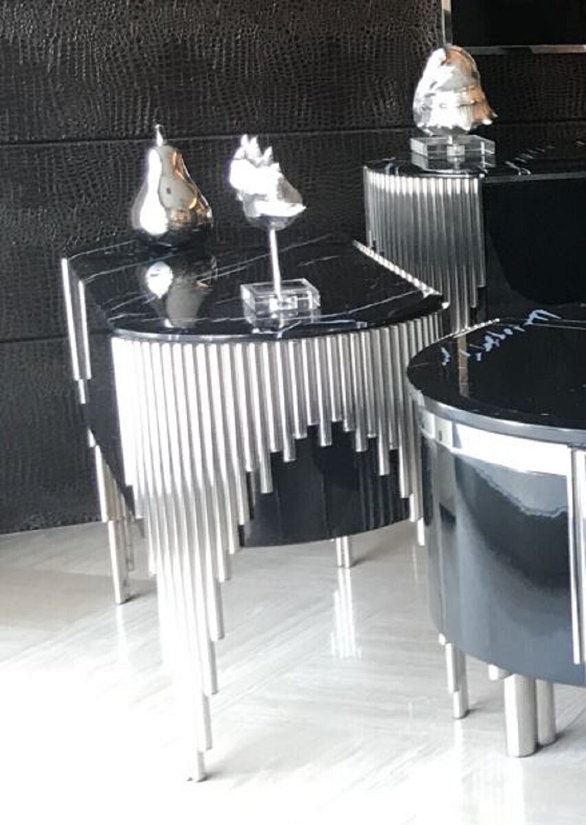 Demotex GmbH Casa Padrino Luxus Kommode mit 2 Schubladen und Kunstmarmor Platte Schwarz / Silber - Luxus Möbel
