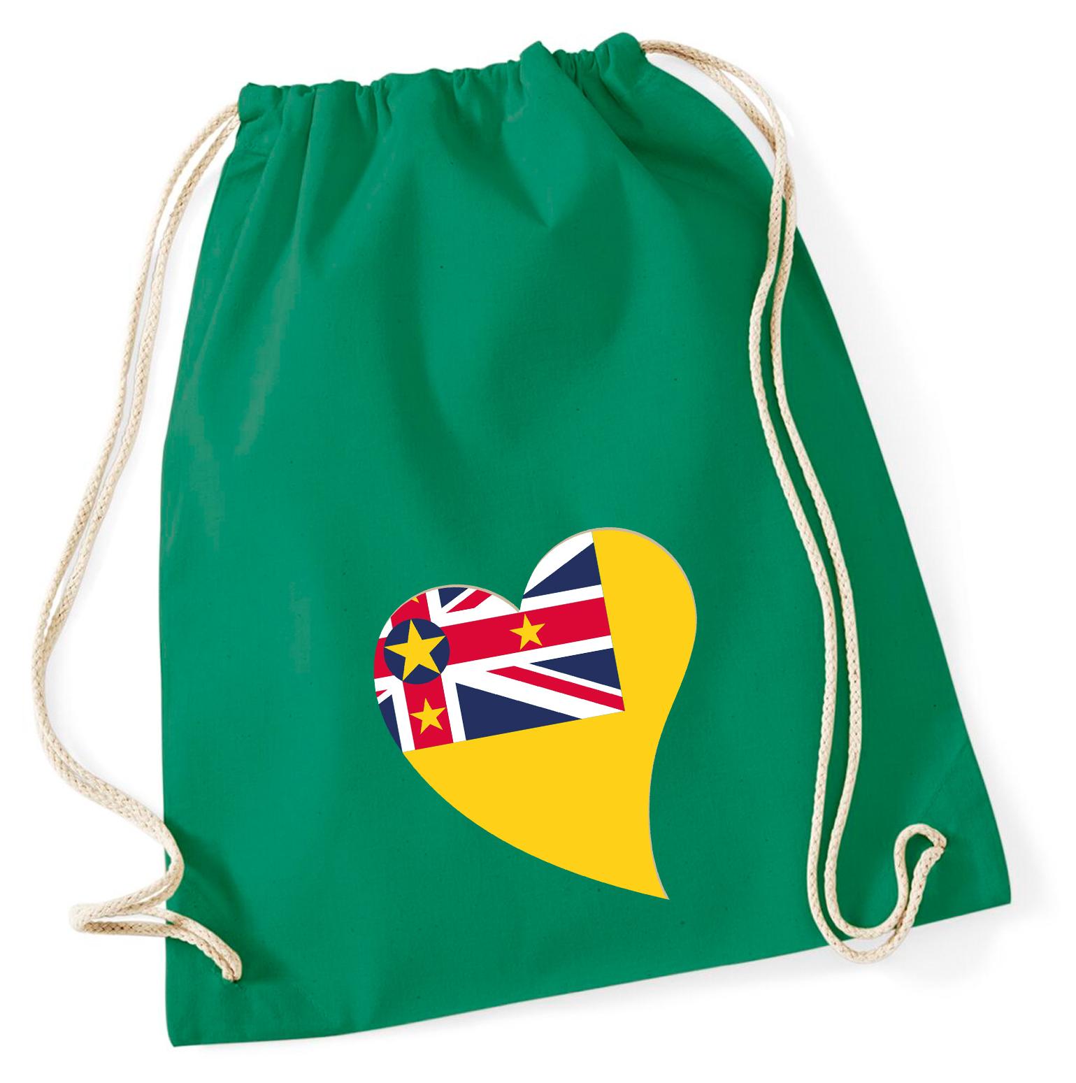 Hellweg Druckerei Huuraa Turnbeutel Niue Flagge Herz 12 Liter Kelly Green Baumwolle Rucksack Geschenkidee 6911TB-KGRE