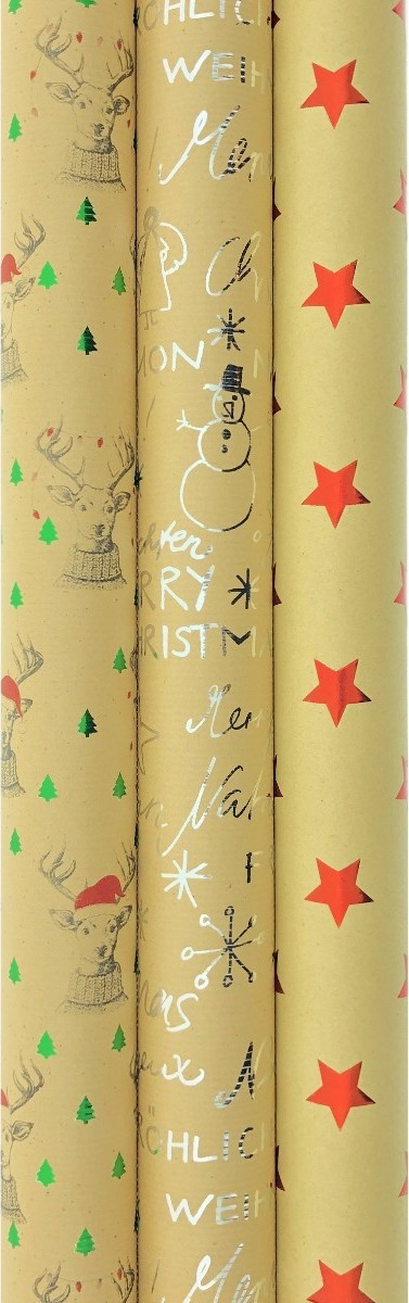 RUSPEPA Weihnachts-Geschenkpapier Kraftpapier - 4 Rollen Festliches Design