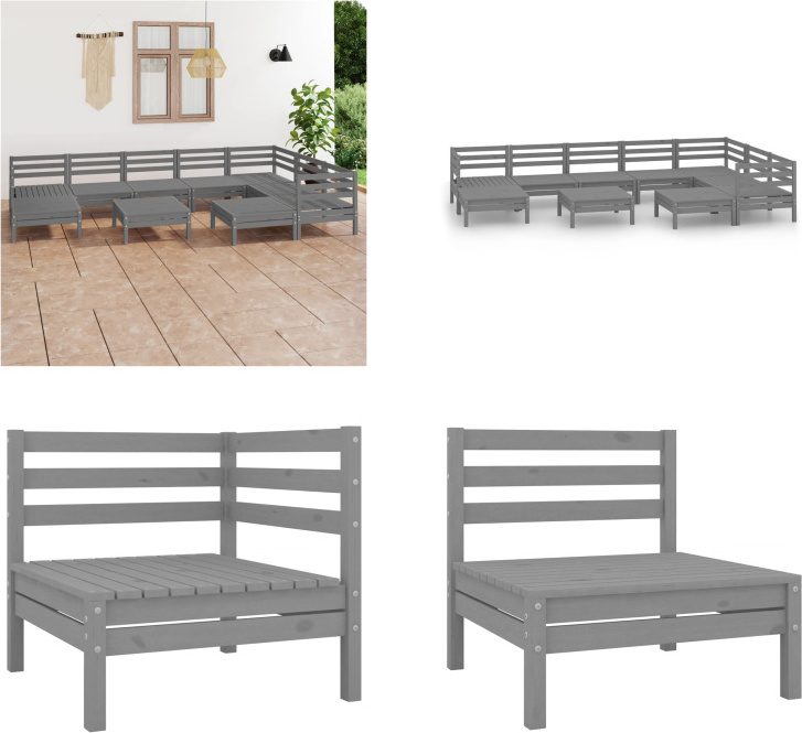 vidaXL 10 ks záhradná obývacia súprava z masívneho dreva borovica sivá - záhradná obývacia súprava - vonkajšia obývacia súprava - drevená pohovka - drevená záhradná pohovka