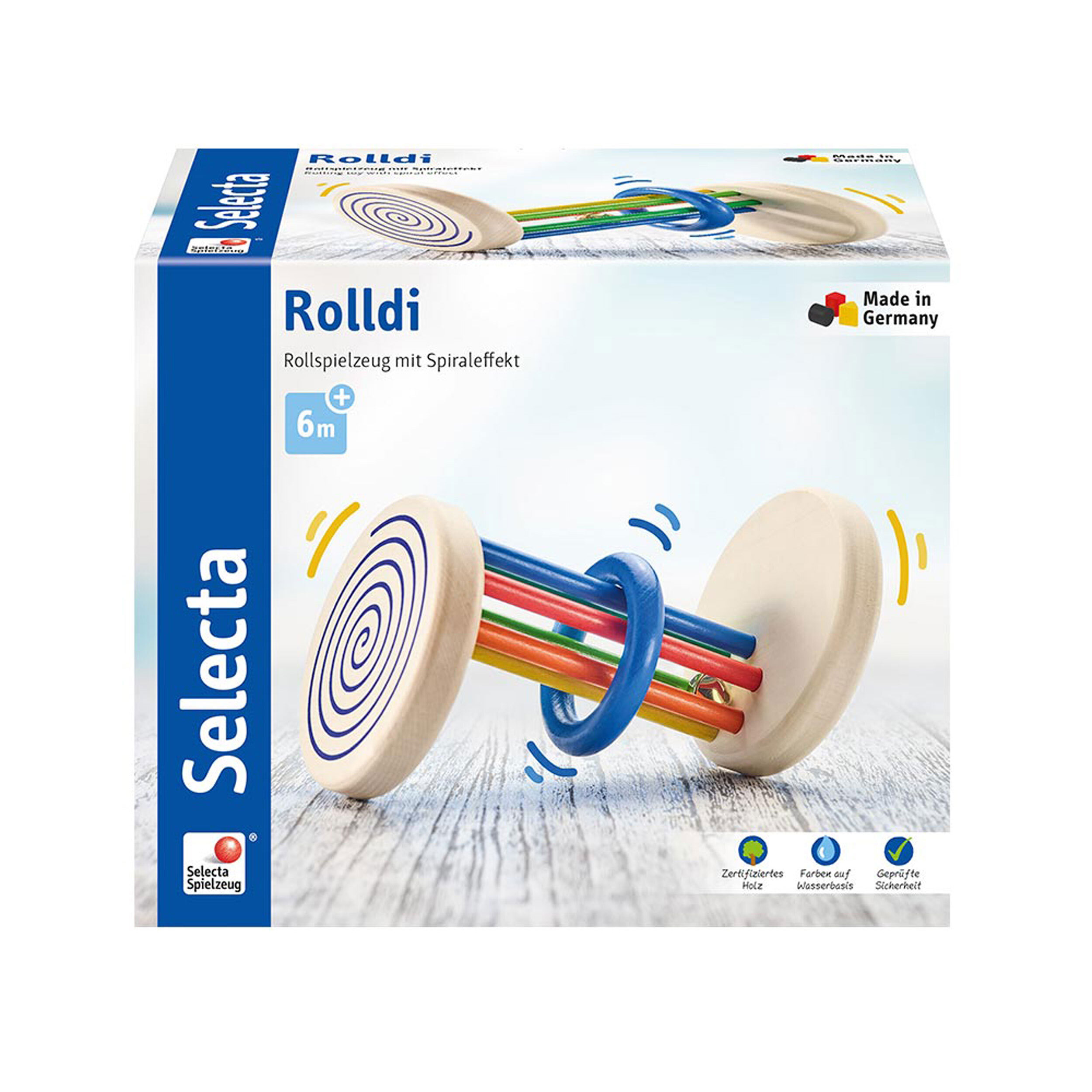 Schmidt Spiele Selecta Spielzeug Rolldi, Rollspielzeug mit Sprialeffekt, Babyspiel, Babyspielzeug, Spiel, Holz, 15 cm, 61001