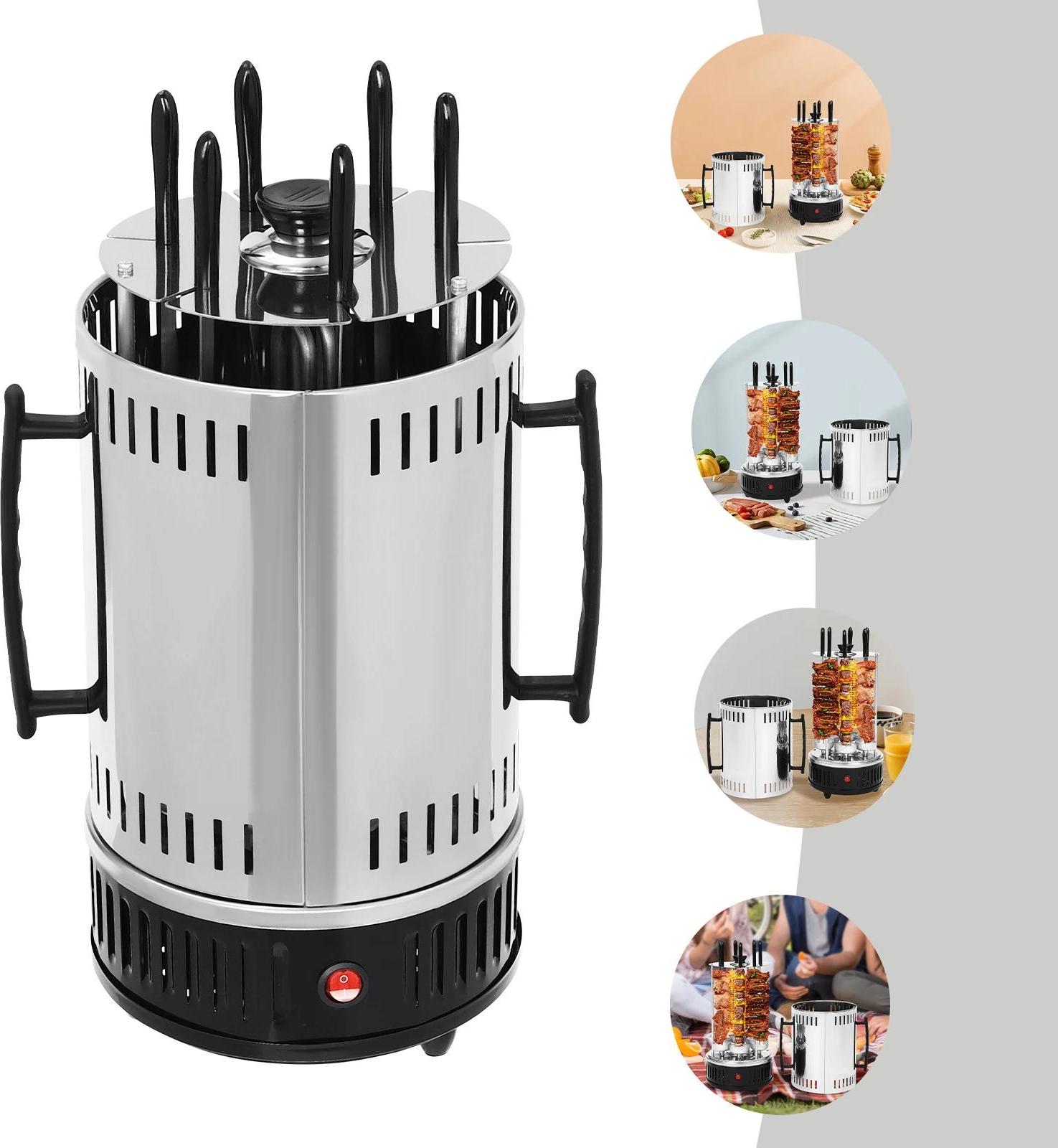 Vertikálny elektrický gril - SW-6 Rotisserie/Kebab gril - 6 špízov - 1000 W - 400-500 °C - EÚ zástrčka 220-240 V - Nerezová oceľ - Biela