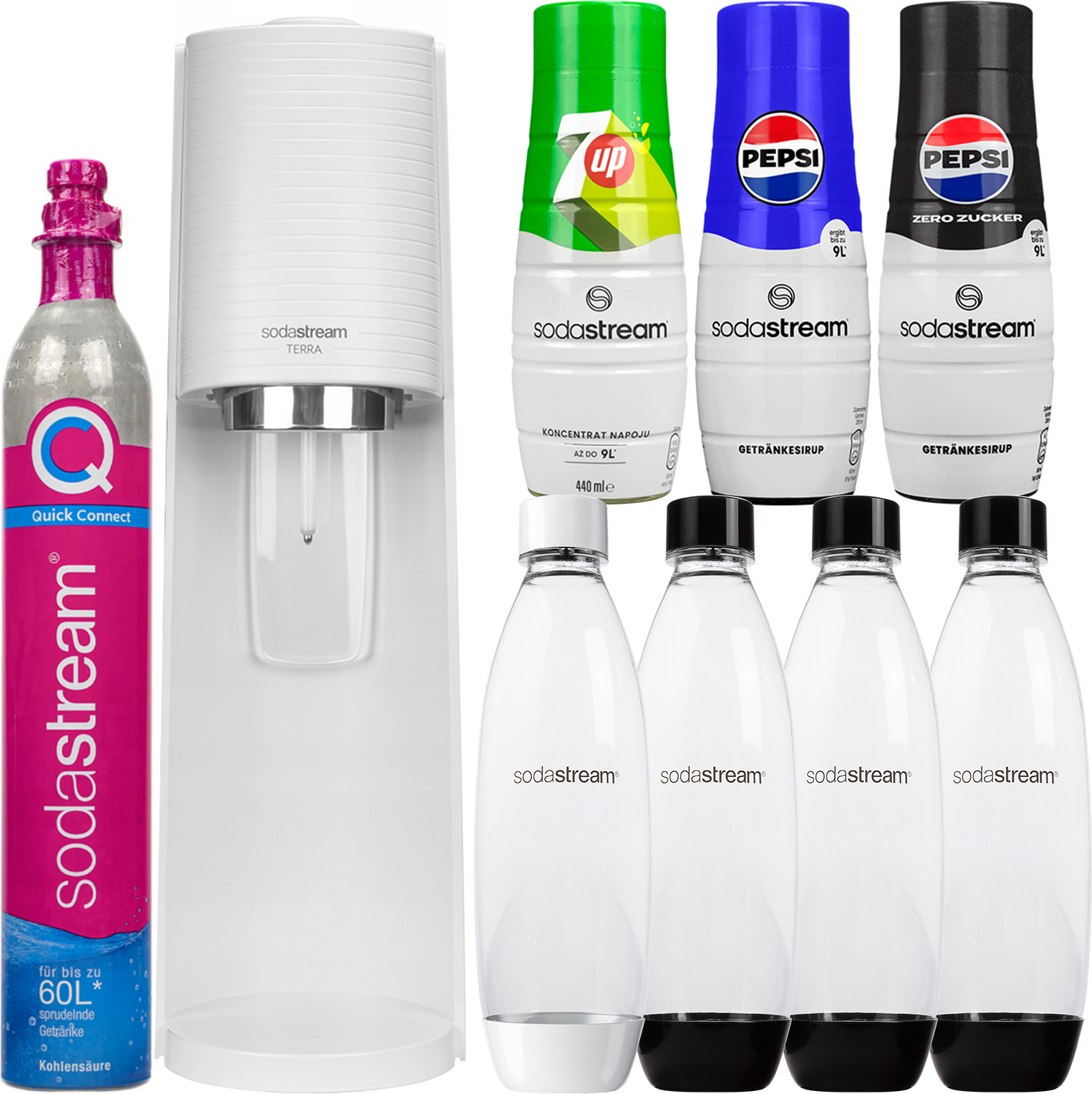 Výrobník perlivej vody Sodastream Terra biely 4 fľaše 3 sirupy Rýchle pripojenie