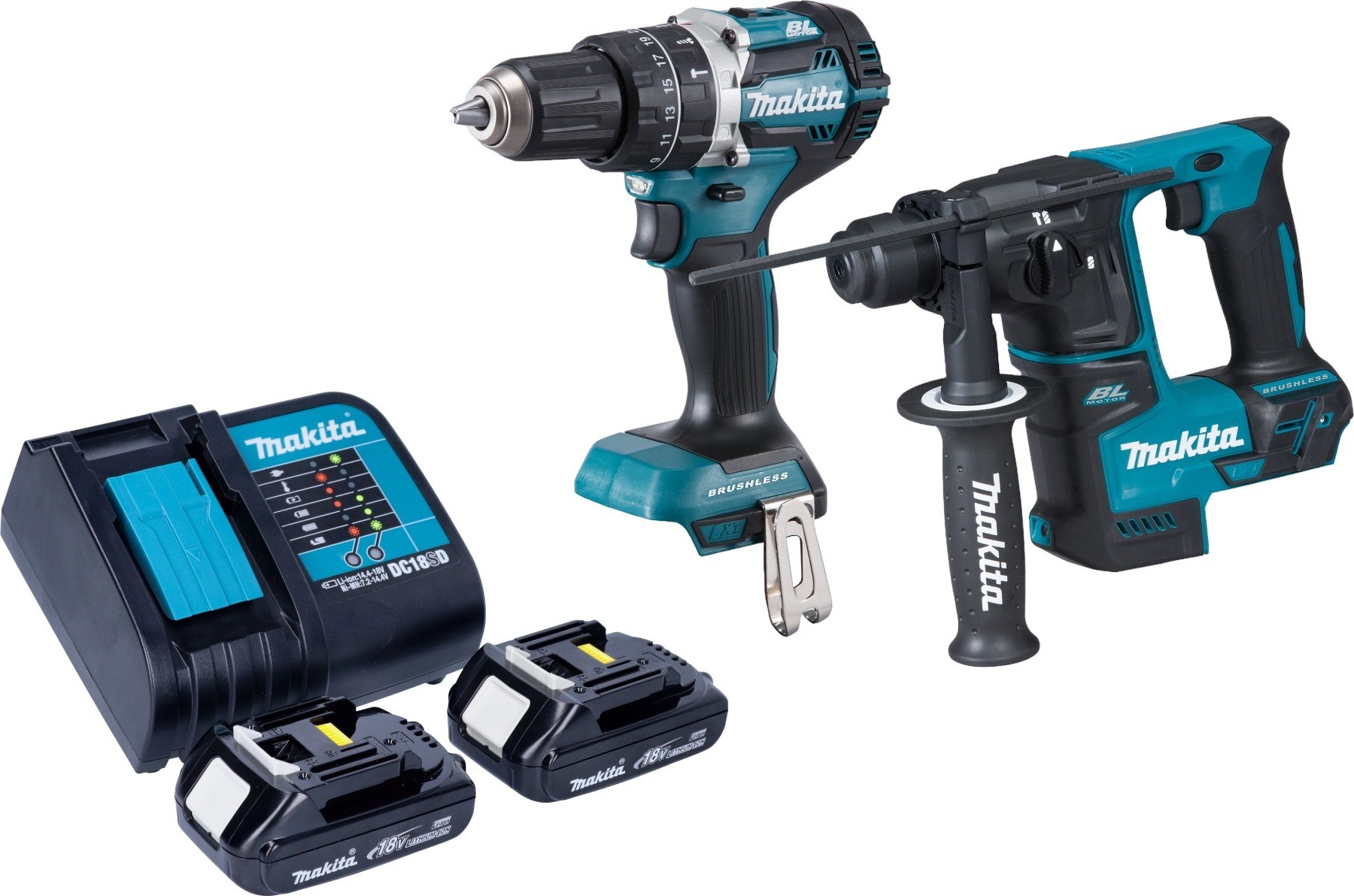 Akumulátorová kombinovaná súprava Makita DLX 2278 SY + príklepová vŕtačka DHP 484 54 Nm + vŕtacie kladivo DHR 171 1,2 J + 2x akumulátor 1,5 Ah + nabíjačka
