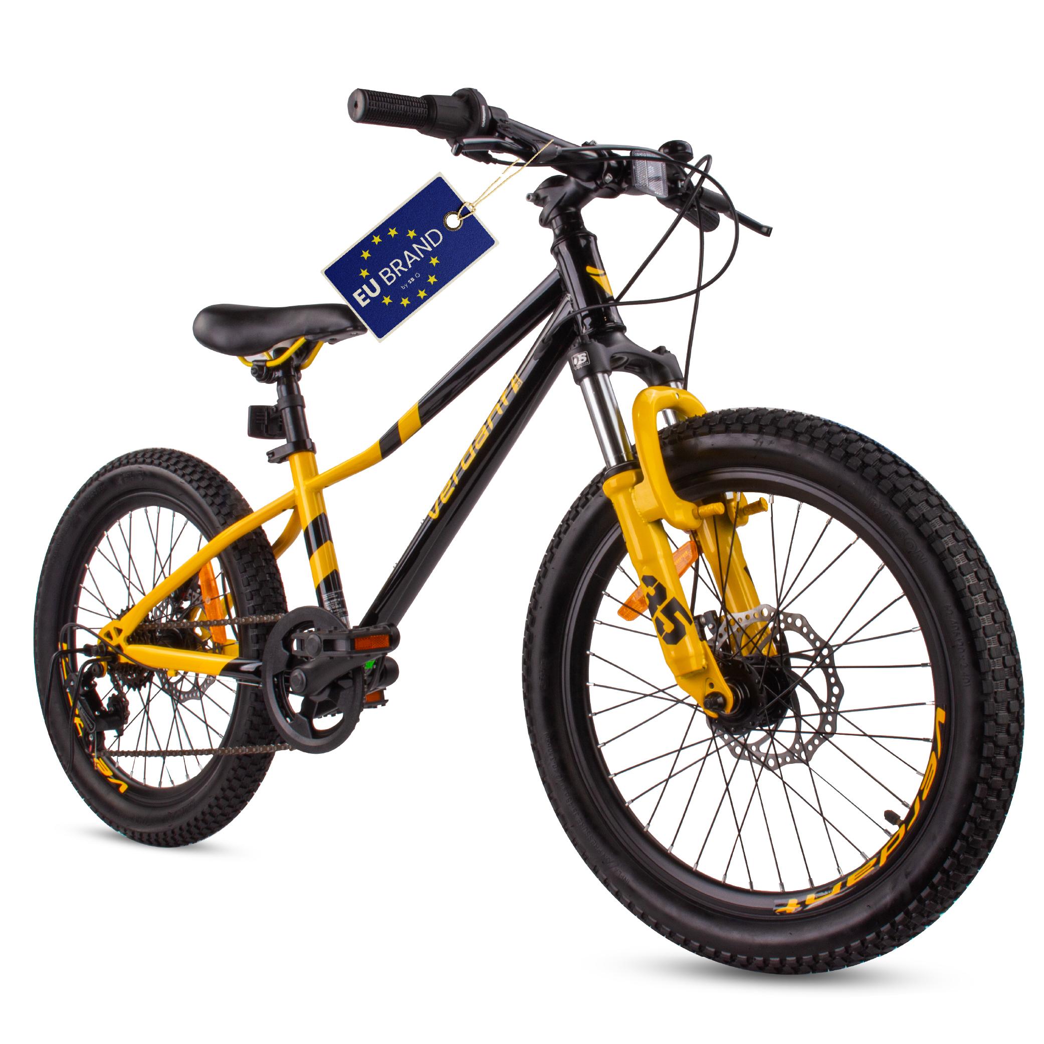 Kinderfahrrad Jungenfahrrad Mädchenfahrrad 20 Zoll Fahrrad mit 6 gang Kettenschaltungen Shimano RevoShift Fahrradstoßdämpfer Calix schwarz gelb