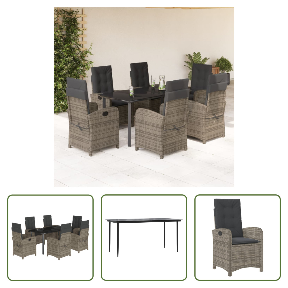 The Living Store 7-dielny záhradný jedálenský set s vankúšmi sivý polyratan