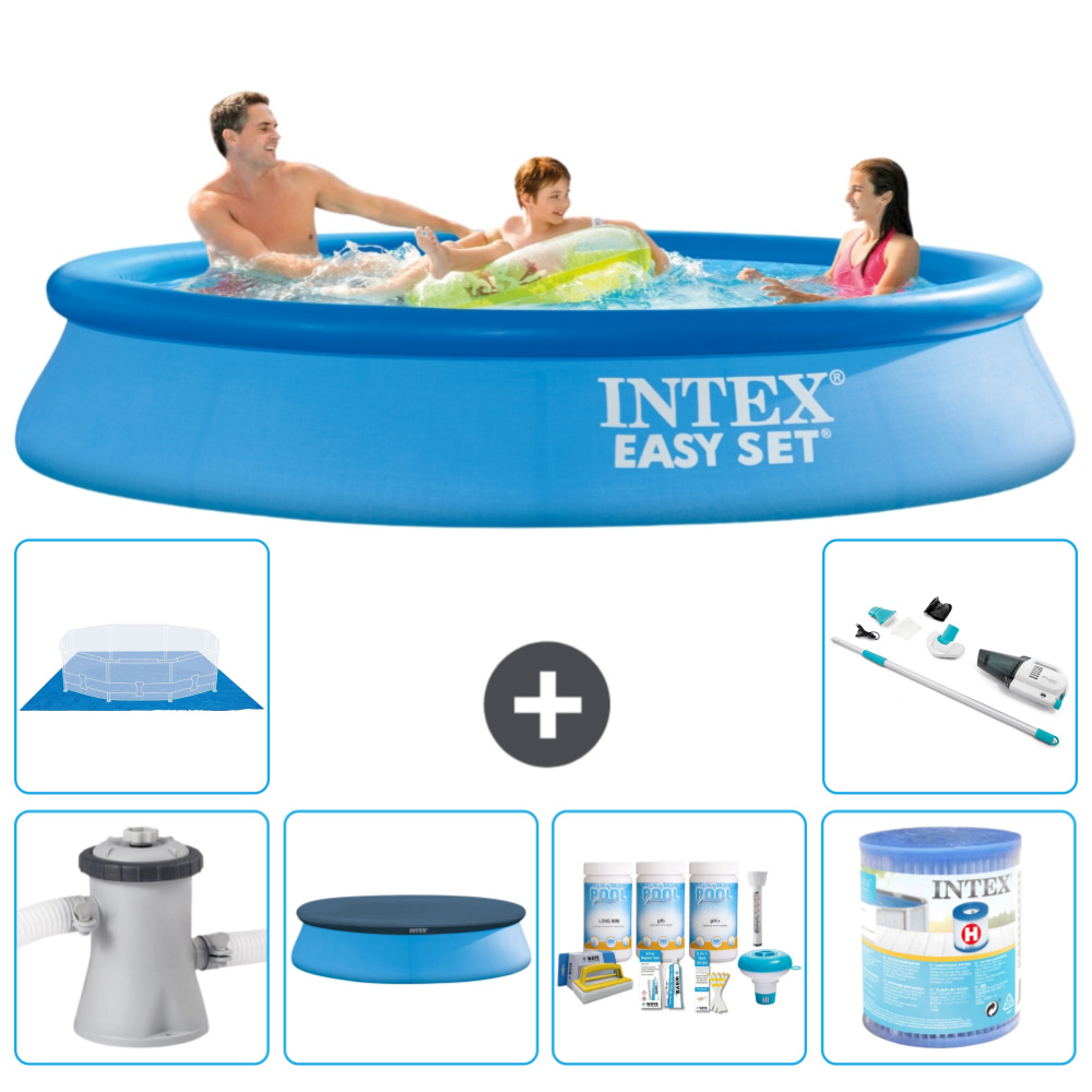 Okrúhly nafukovací bazén Intex Easy Set - 305 x 61 cm - modrý - vrátane krytu s čerpadlom - balík na údržbu - filter - podložka - vysávač