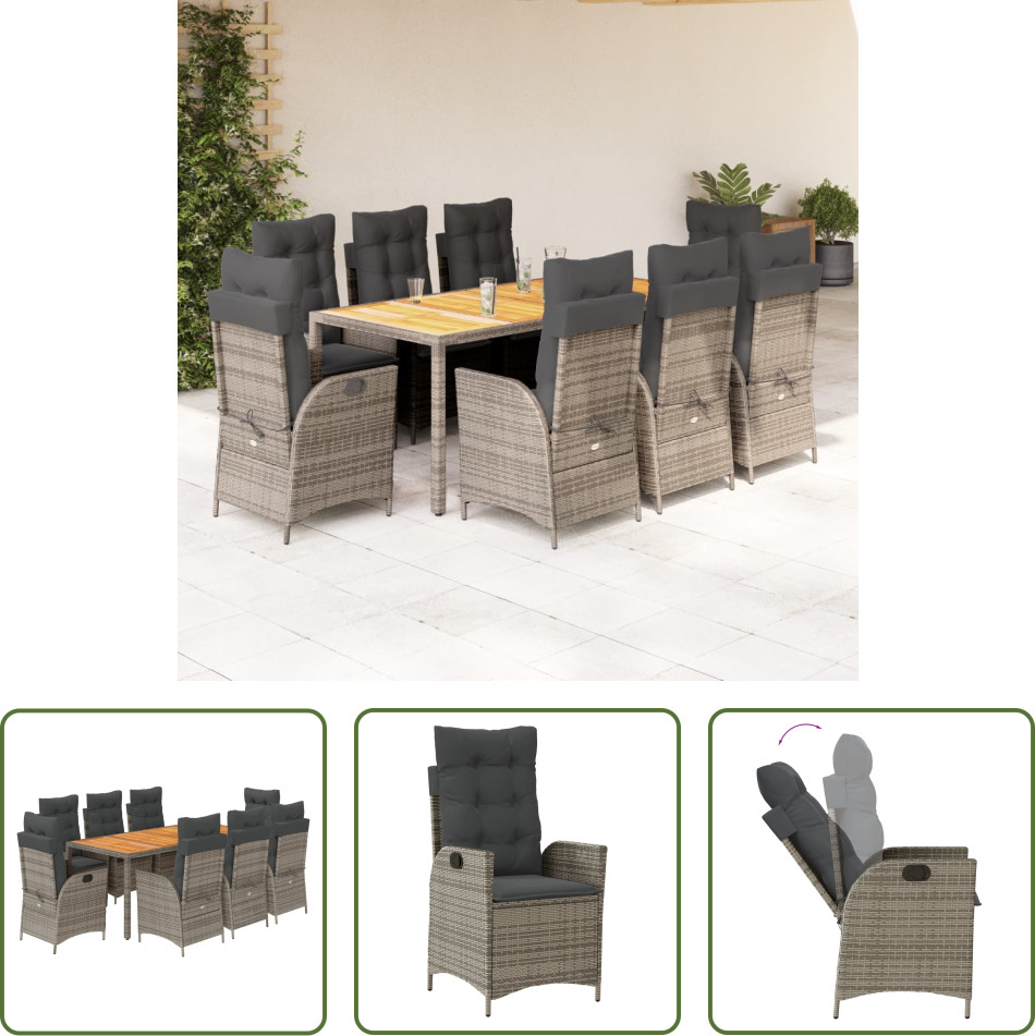 The Living Store 9-dielny záhradný jedálenský set s vankúšmi sivý polyratan