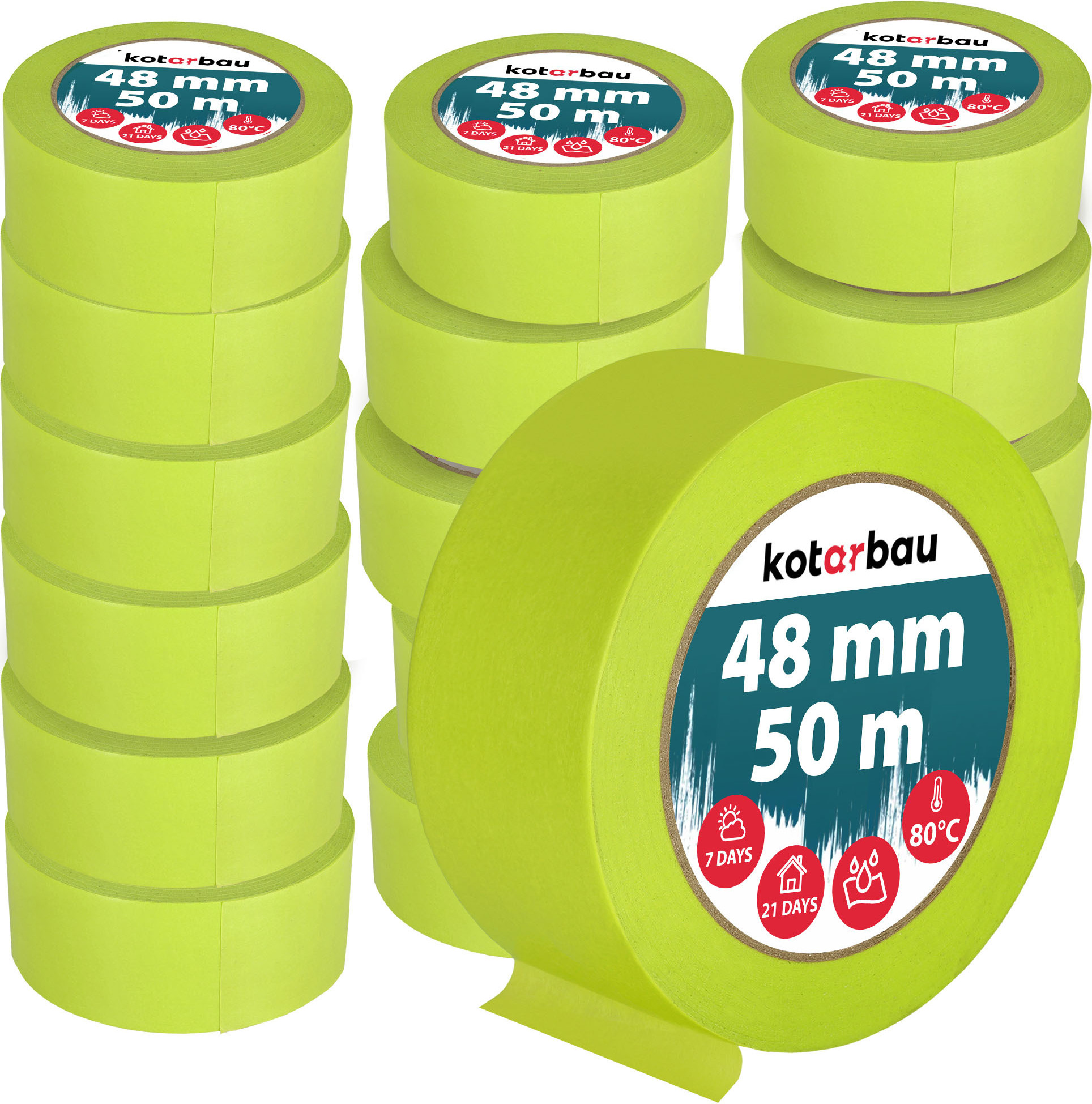 KOTARBAU® 24er Set Neon Malerkrepp 50 m Kreppband 48mm Malerband Abklebeband Maler Klebeband Maler Zubehör Fluoreszierendes Grün Kreppapier Malerbedarf