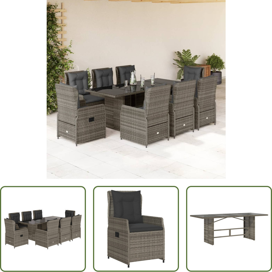 The Living Store 9-dielny záhradný jedálenský set s vankúšmi sivý polyratan