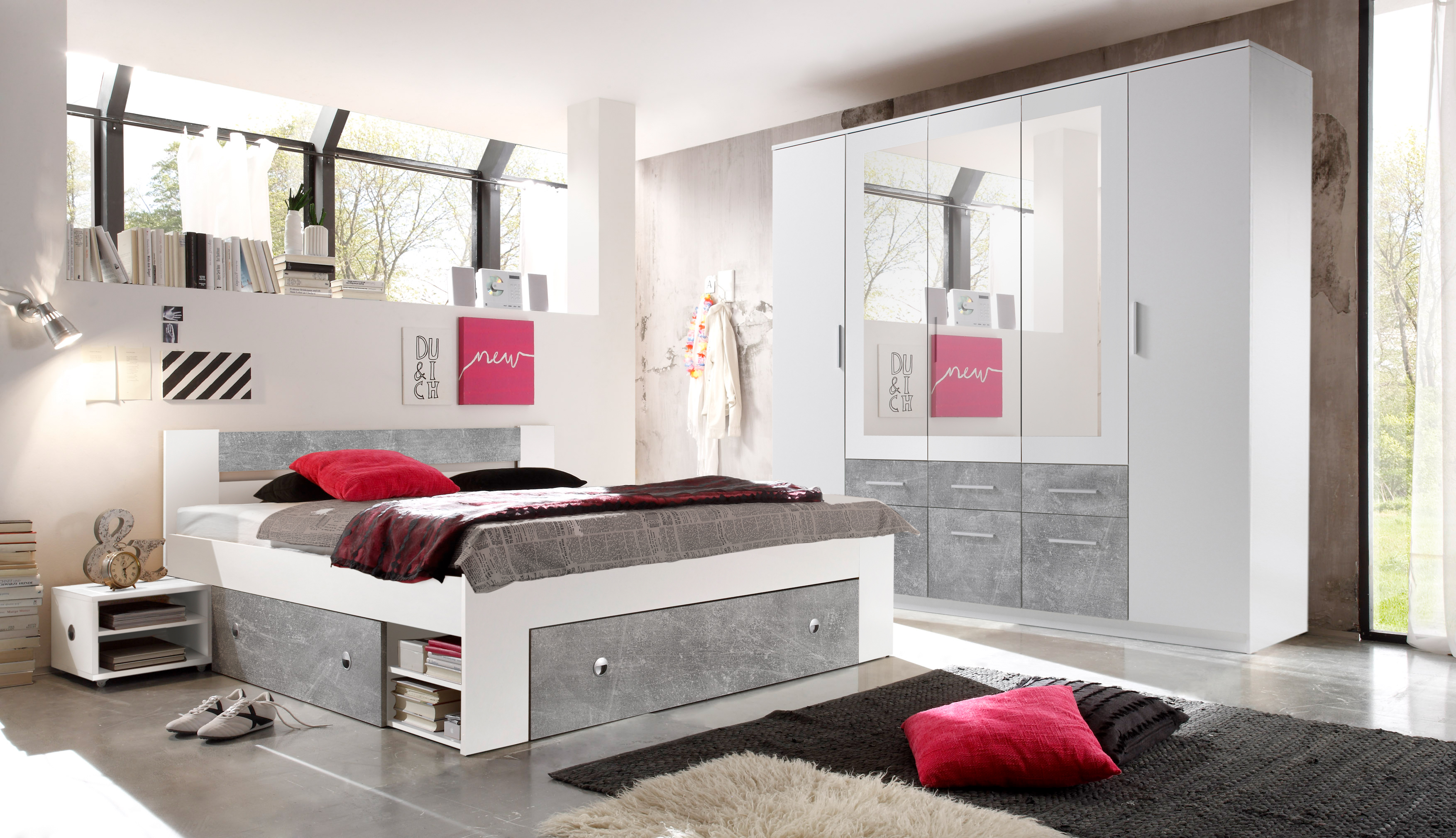 Schlafzimmerset Komplett Möbelset Kleiderschrank Bett Kommode Truffel/Weiß
