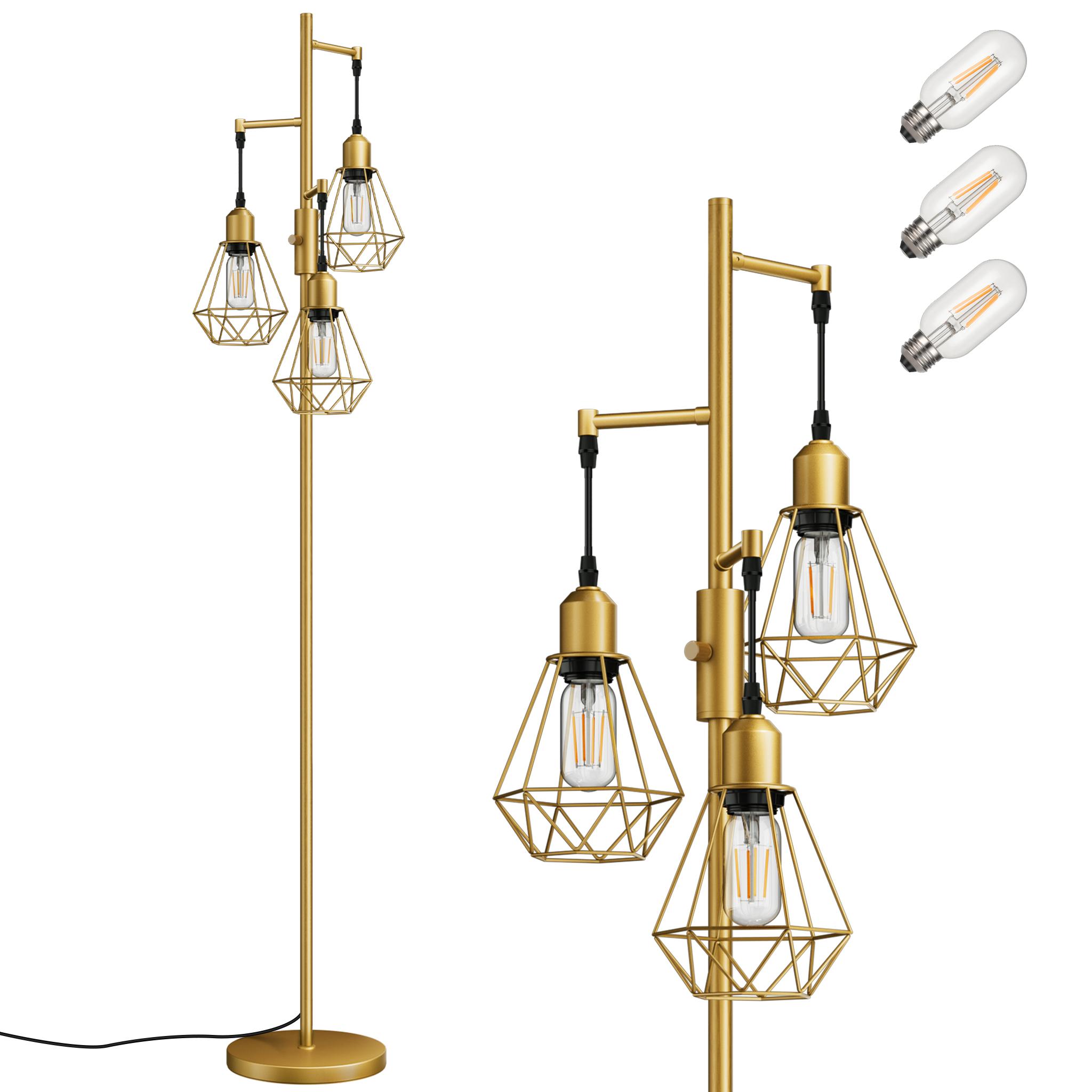 EDISHINE LED Stehlampe Wohnzimmer, Retro Stehlampe dimmbar 3 flammig, Gold,166 cm DHLFL03N