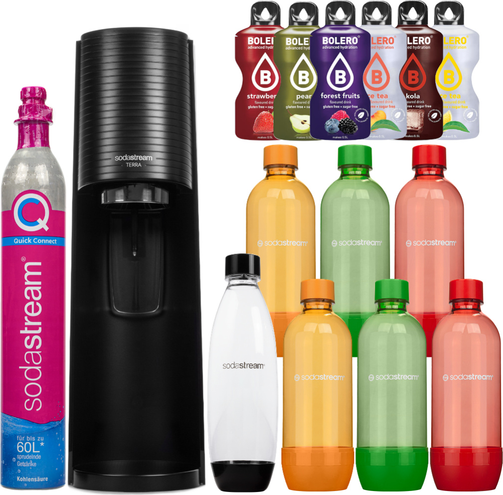 Výrobník perlivej vody SodaStream Terra Black + 7 fliaš, 1 l, čierna/oranžová/zelená/červená + Bolero