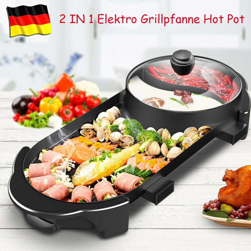 2in 1 Elektrische Grillpfanne Hotpot BBQ heißen Topf Grill Braten Grillplatte DE