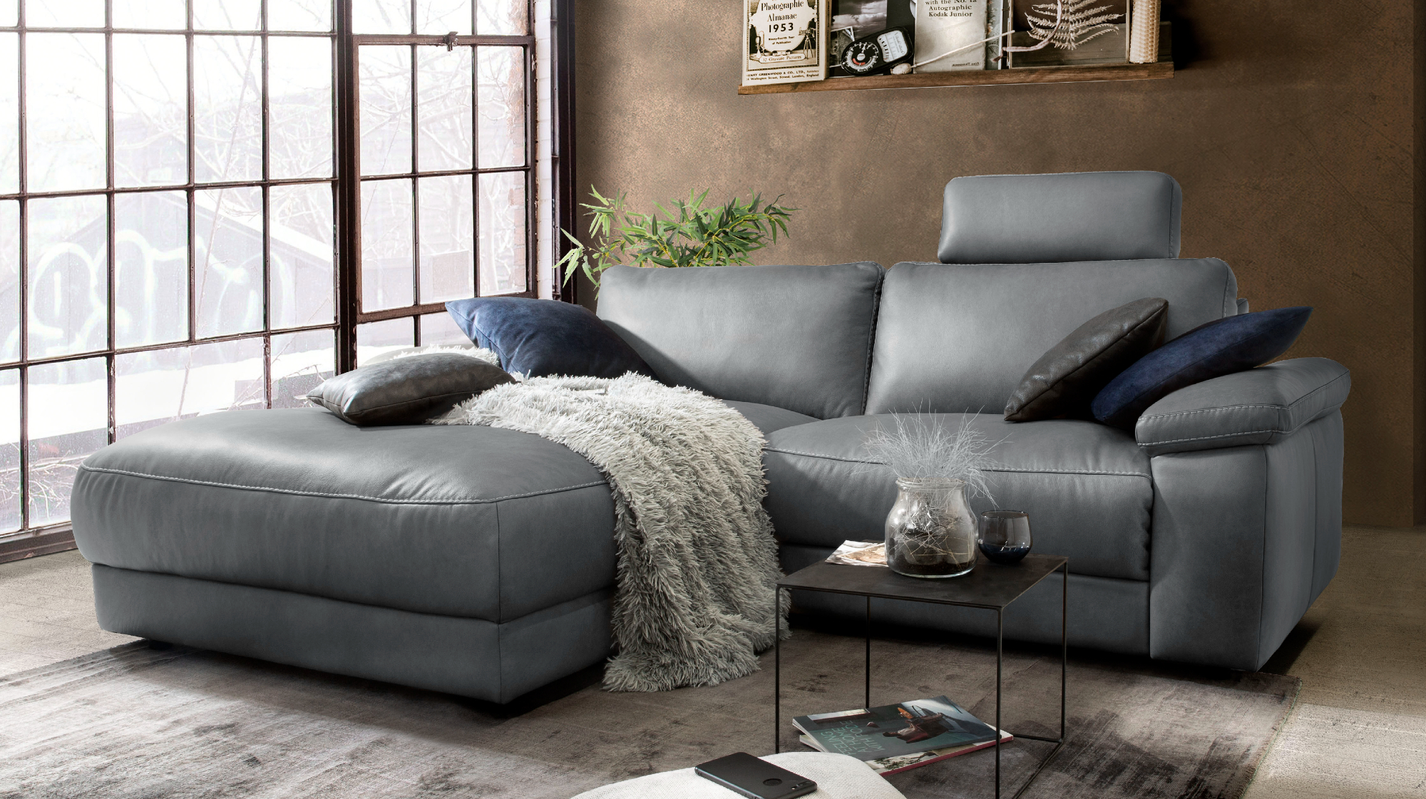 KAWOLA Sofa LOLA Ecksofa Leder grau mit motorischer Relaxfunktion Recamiere links