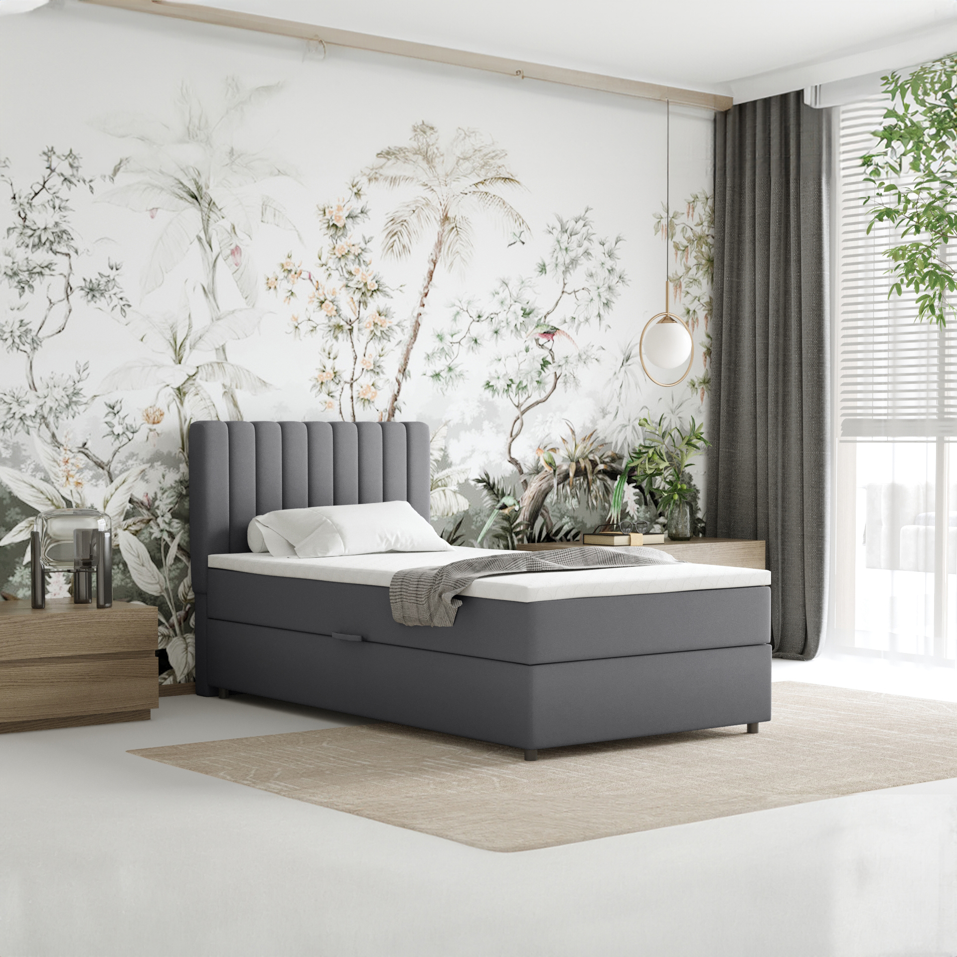 Boxspringbett 100x200 EVEREST, mit Topper, mit Bettkästen, Einzelbett, Grau, Panda Möbel EVEREST_100_FAN90