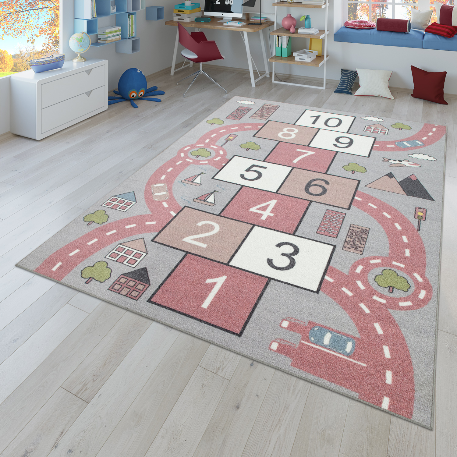 Größe:80x150 cm Kinder-Teppich Spiel-Teppich Für Kinderzimmer Straßen-Motiv Mit Tieren Creme 
