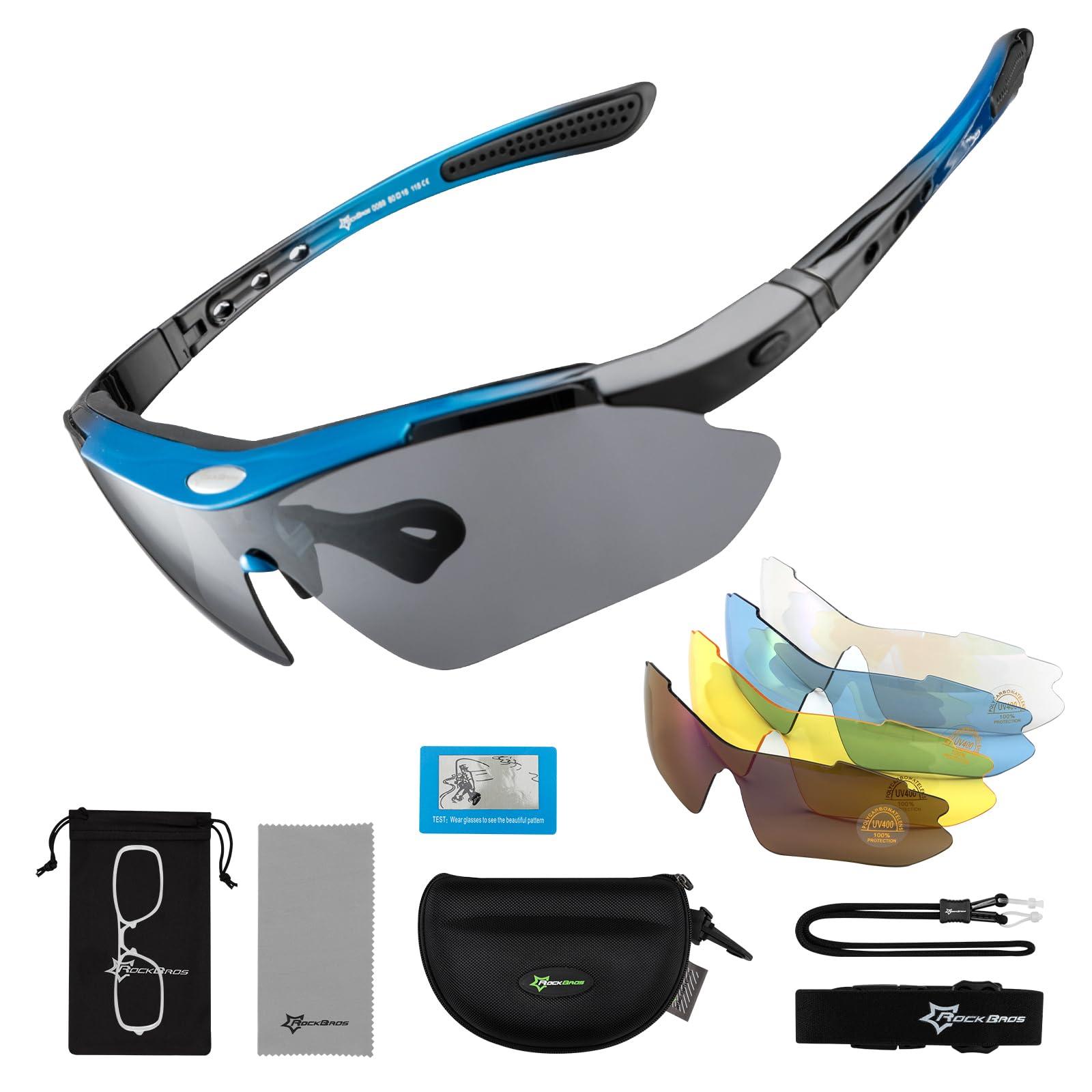 Rockbros Sport ROCKBROS Fahrradbrille Sonnenbrille mit 5 Wechselgläsern Damen Herren – Schwarz Blau, 5 Wechselgläsern