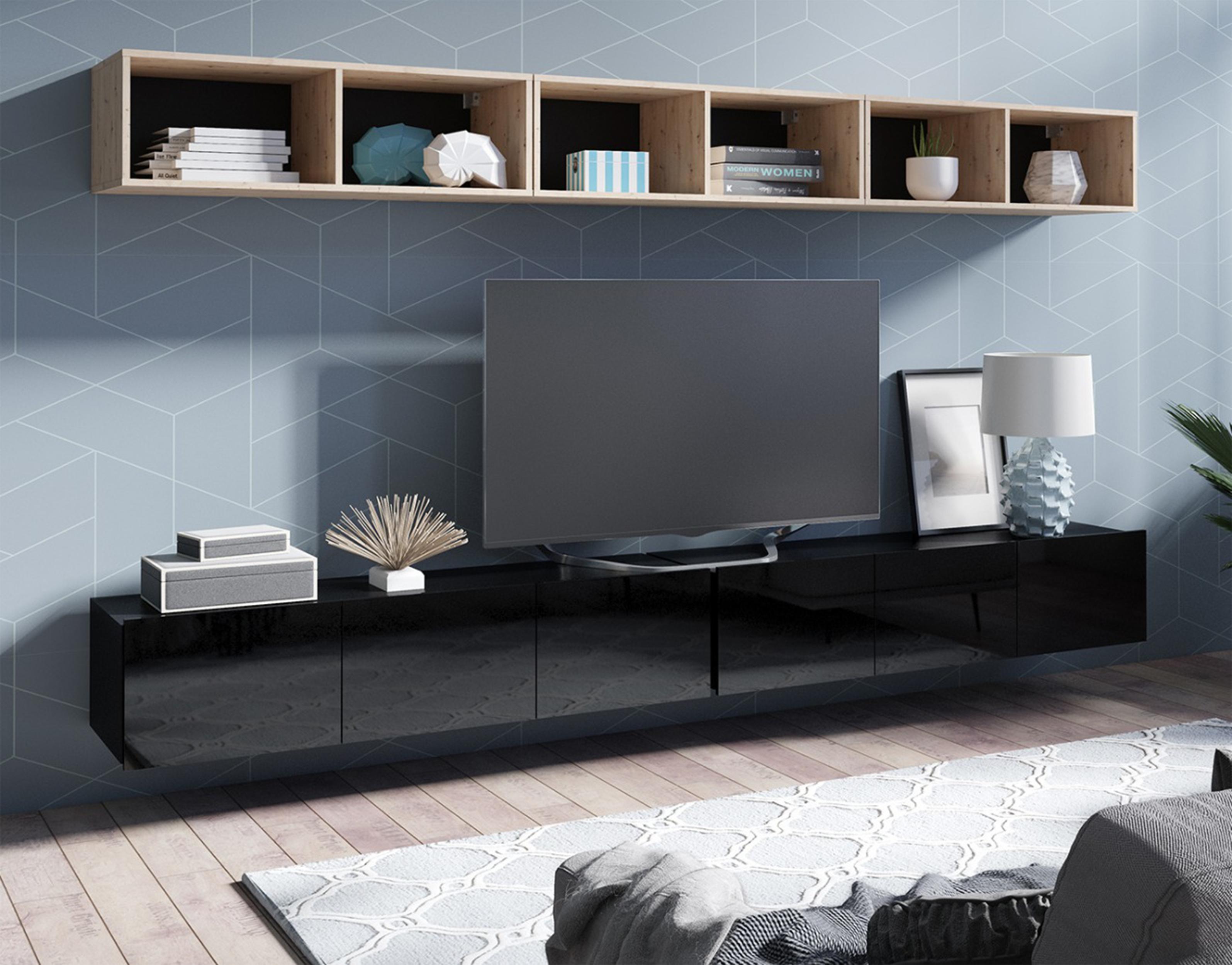 AX LIVING Wohnwand Modern Kossana 33 – 300 cm Goldene Eiche/Schwarz N1733